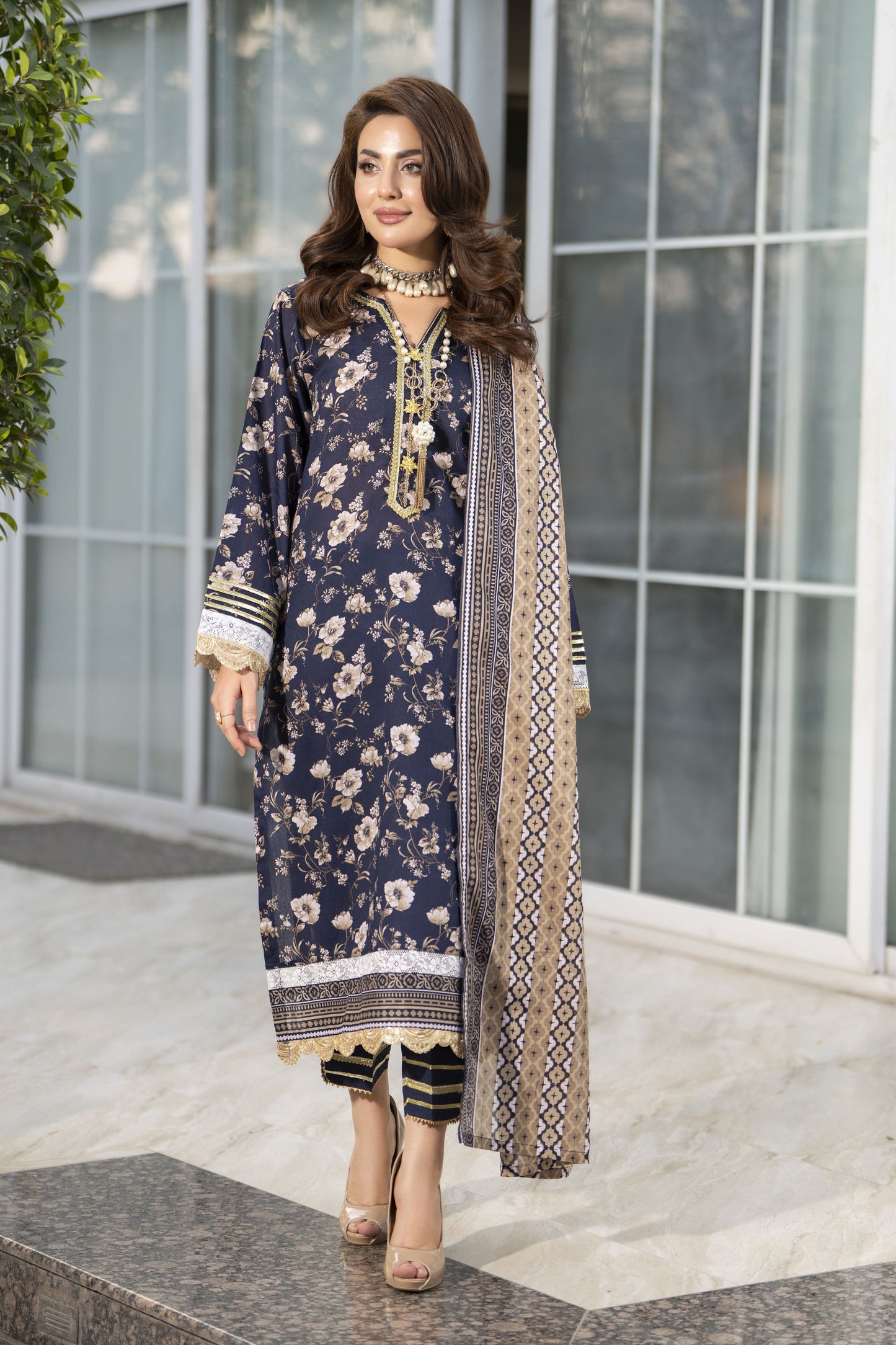 Zaina Bliss 3pc Printed Lawn Long Shirt With Gota Work Bliss4