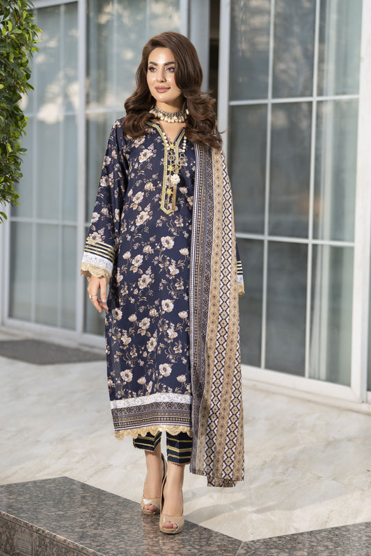 Zaina Bliss 3pc Printed Lawn Long Shirt With Gota Work Bliss4