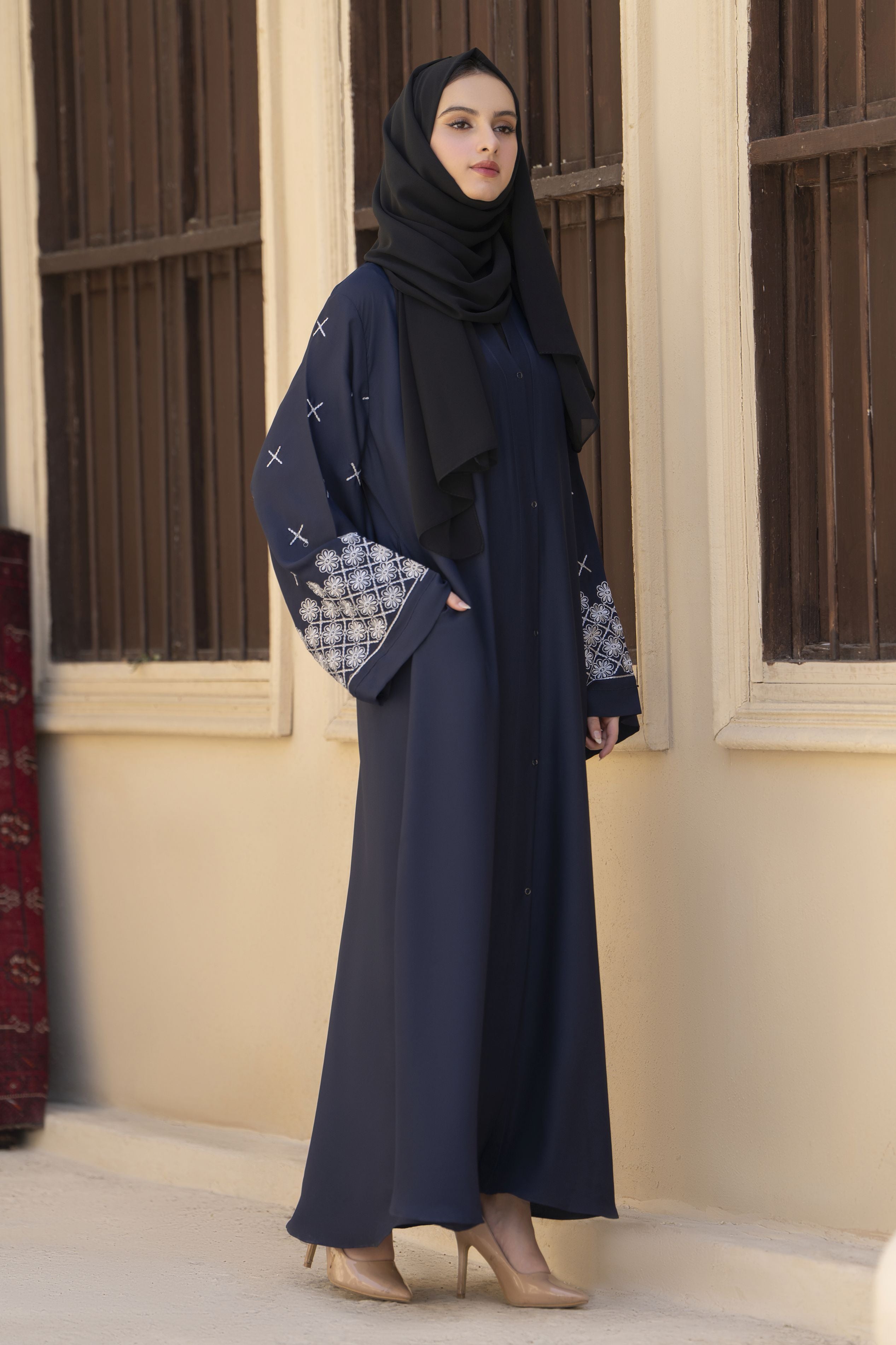 Midnight Navy Embroidered Abaya – Veil of Grace by Zaina ZVG14