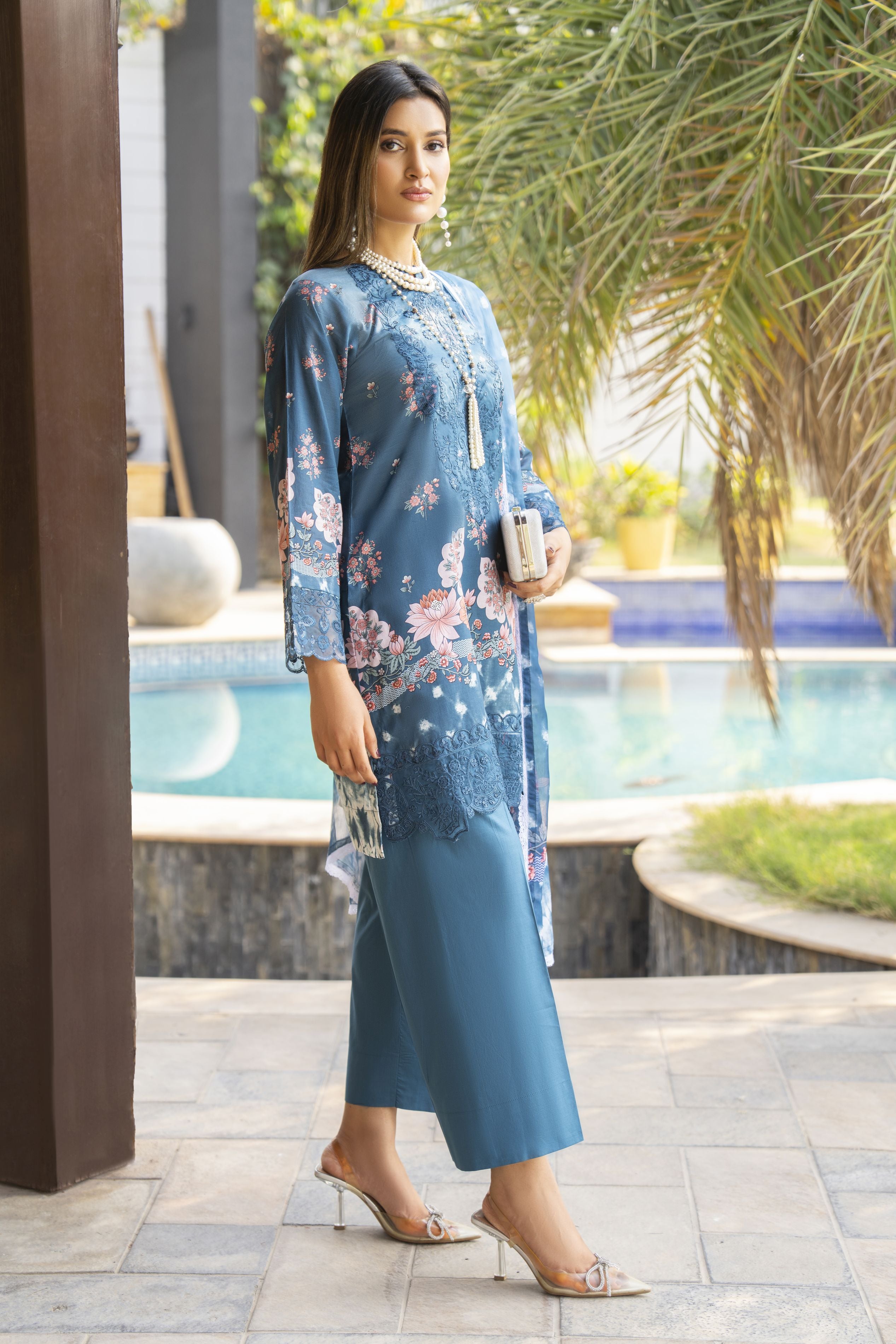 Blue Floral 3pc Embroidered Lawn Suit | Garmi Ka Jora by Dress Code GKJ4