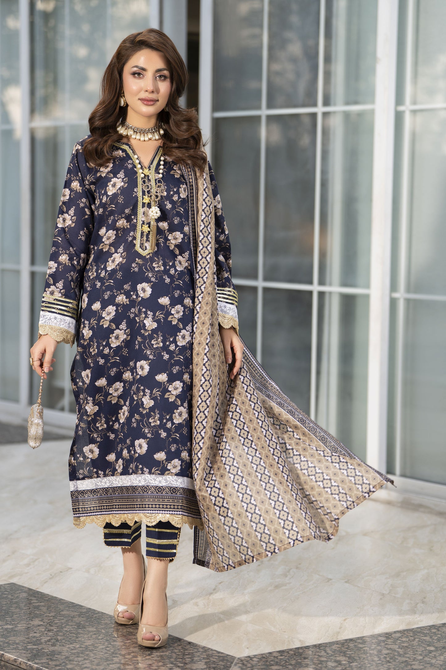 Zaina Bliss 3pc Printed Lawn Long Shirt With Gota Work Bliss4