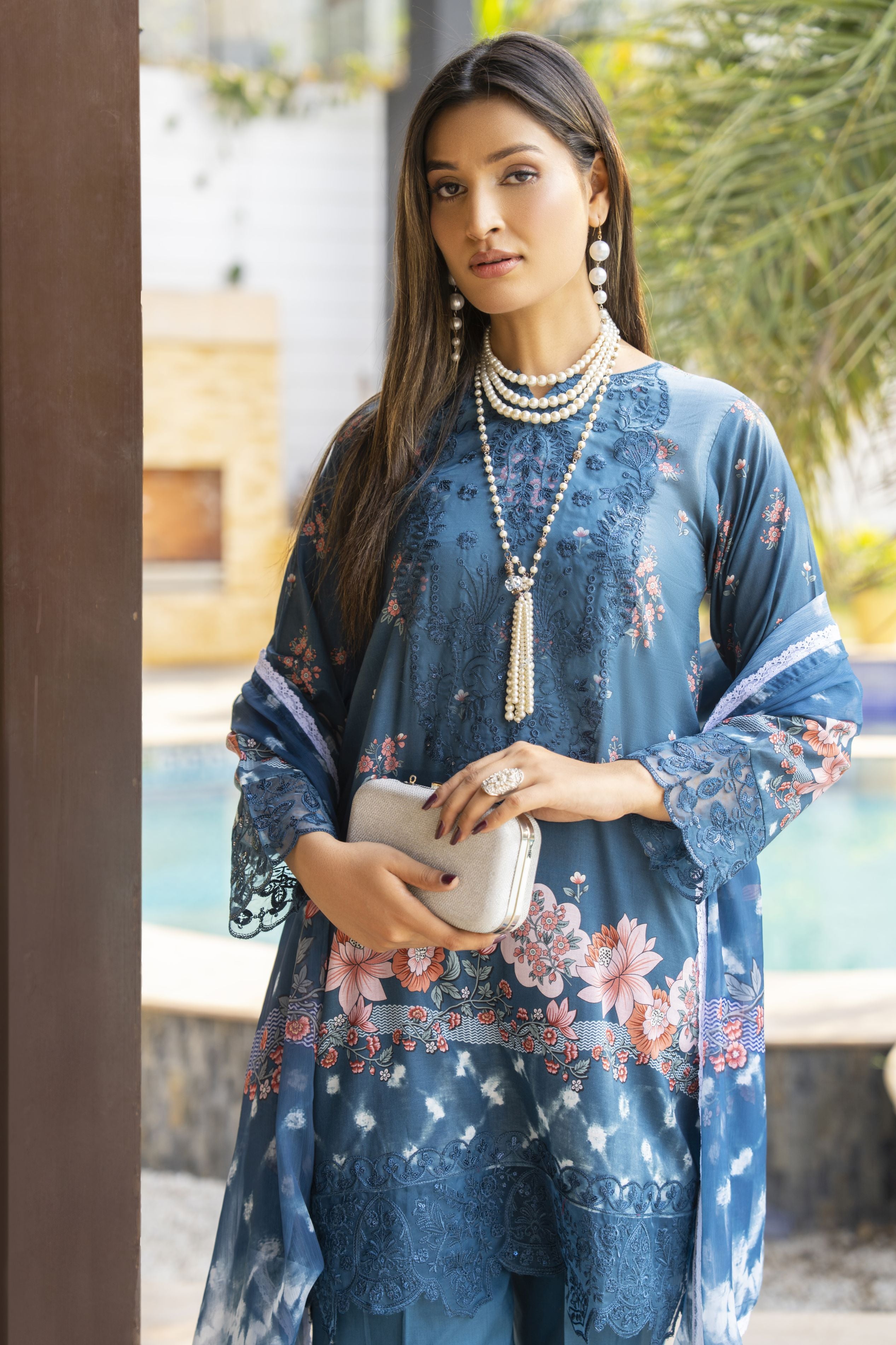 Blue Floral 3pc Embroidered Lawn Suit | Garmi Ka Jora by Dress Code GKJ4