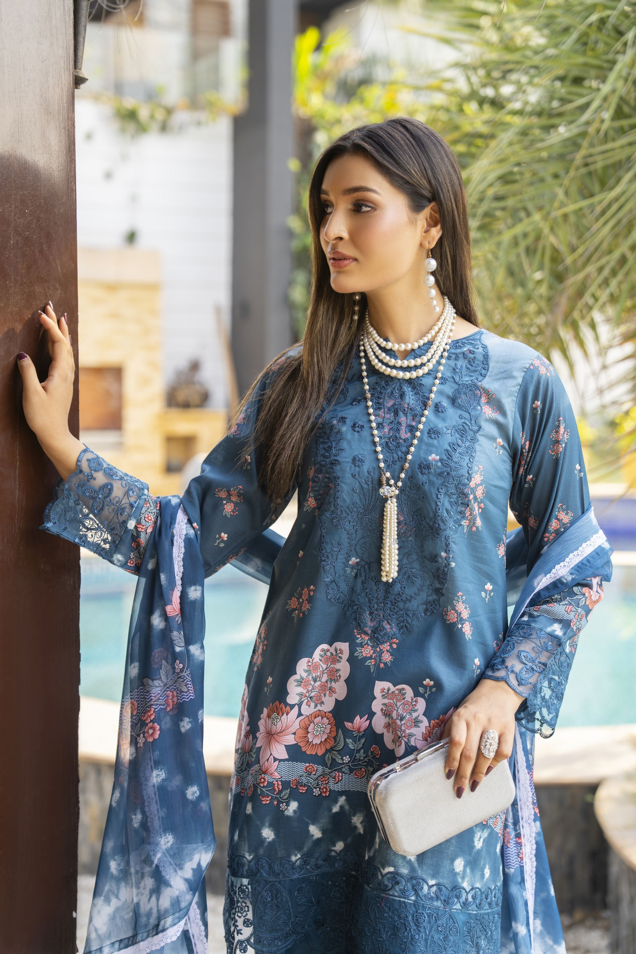 Blue Floral 3pc Embroidered Lawn Suit | Garmi Ka Jora by Dress Code GKJ4