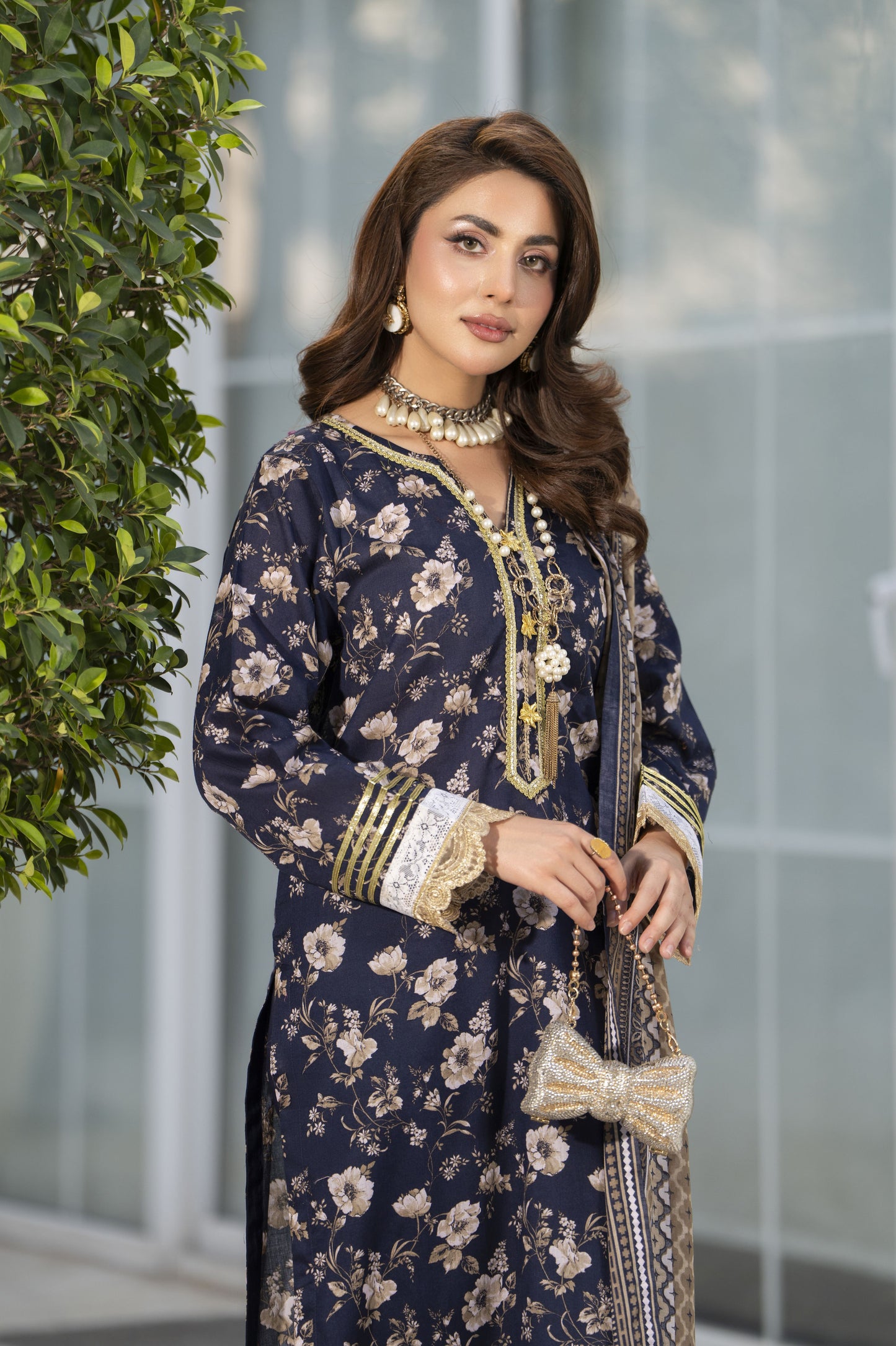 Zaina Bliss 3pc Printed Lawn Long Shirt With Gota Work Bliss4