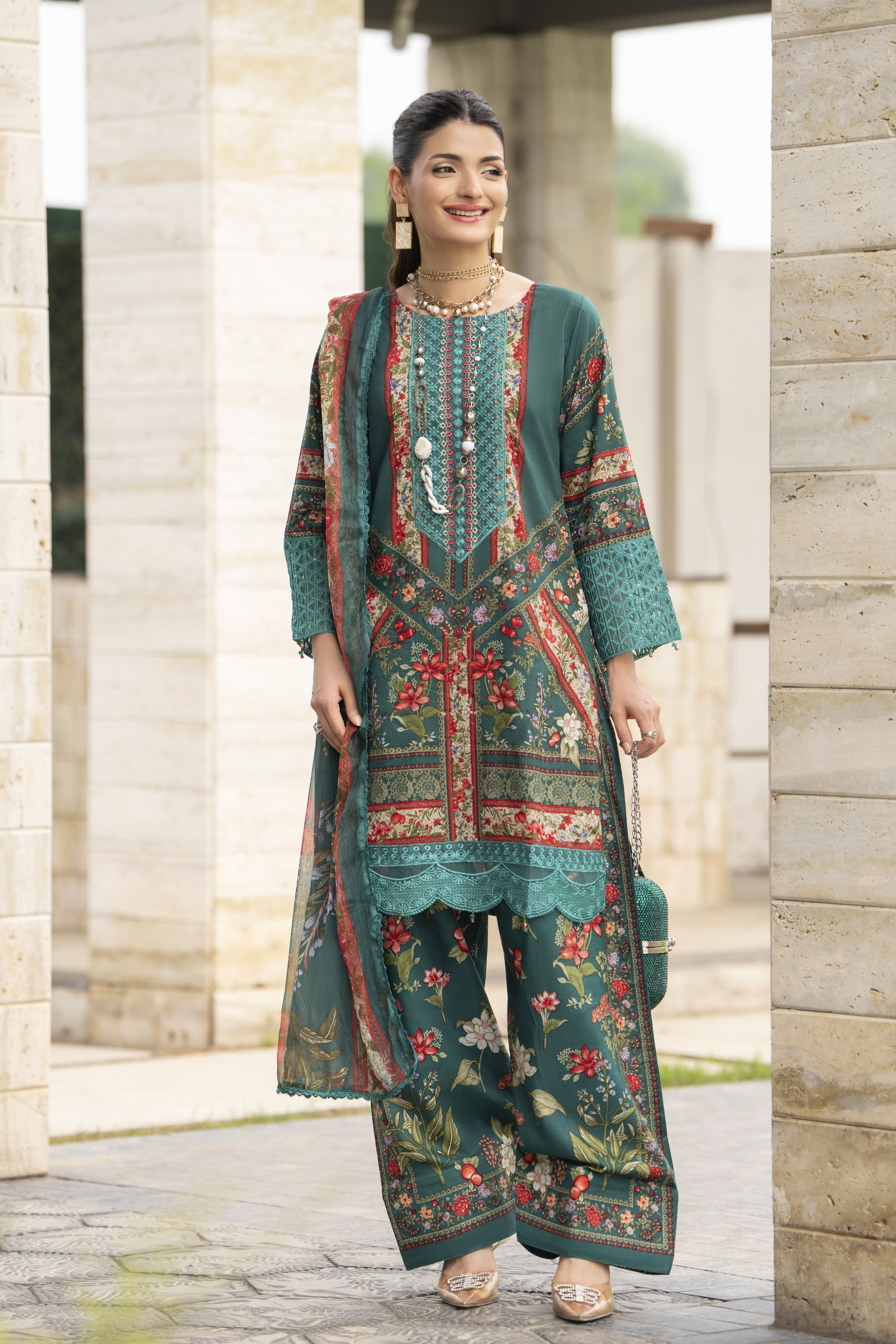Sakeena Summer Ease – 3pc Teal Lawn Dress with Chiffon Dupatta SSE4