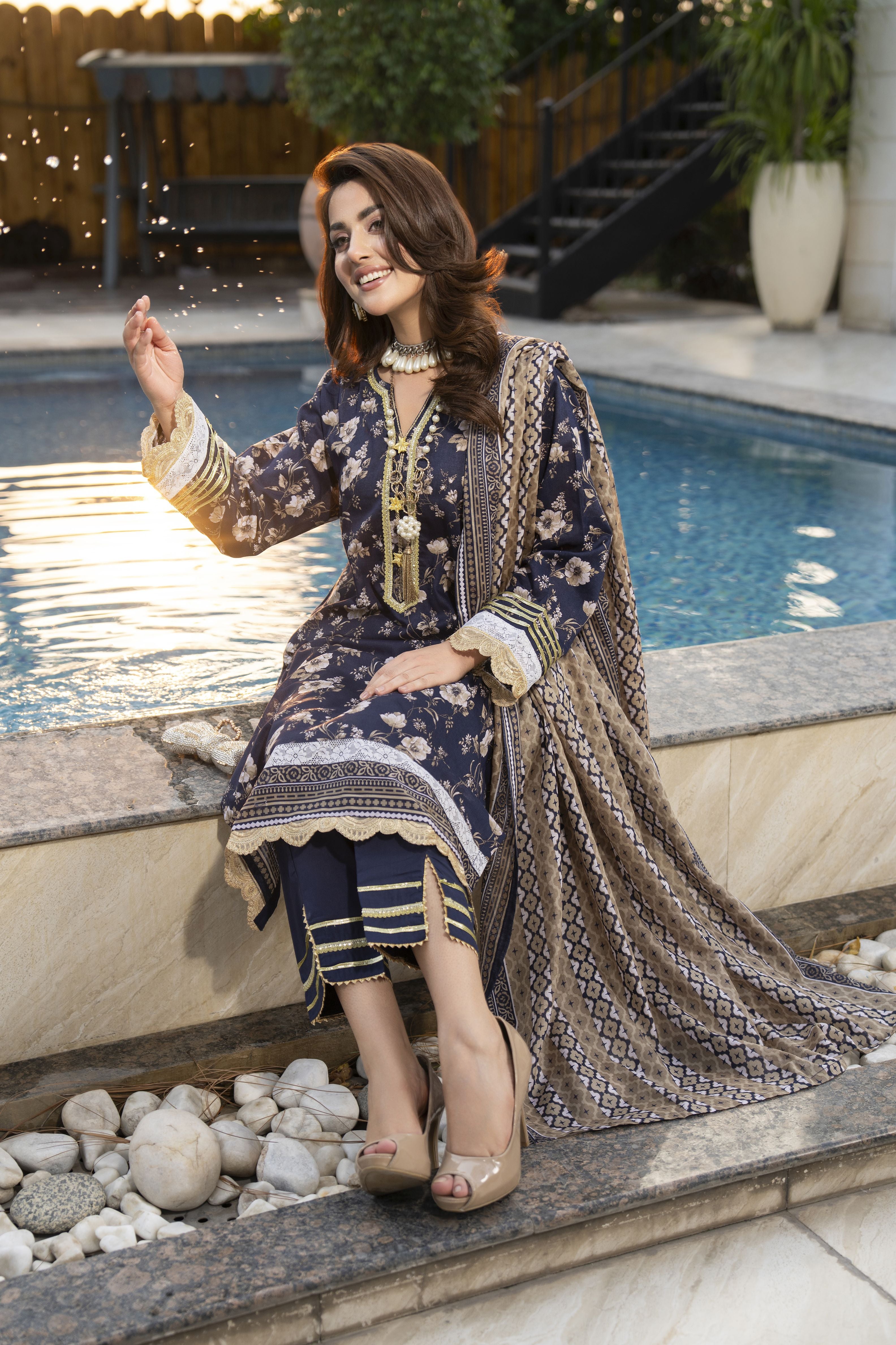 Zaina Bliss 3pc Printed Lawn Long Shirt With Gota Work Bliss4