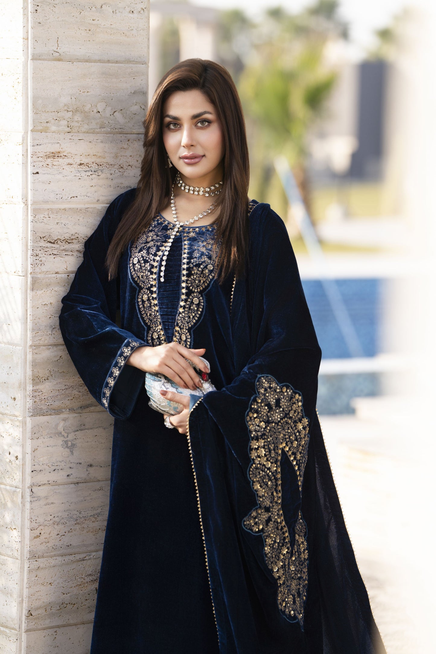 Aleezay KASHMÉ – Midnight Teal Velvet 3pc Suit with Velvet Shawl KA8