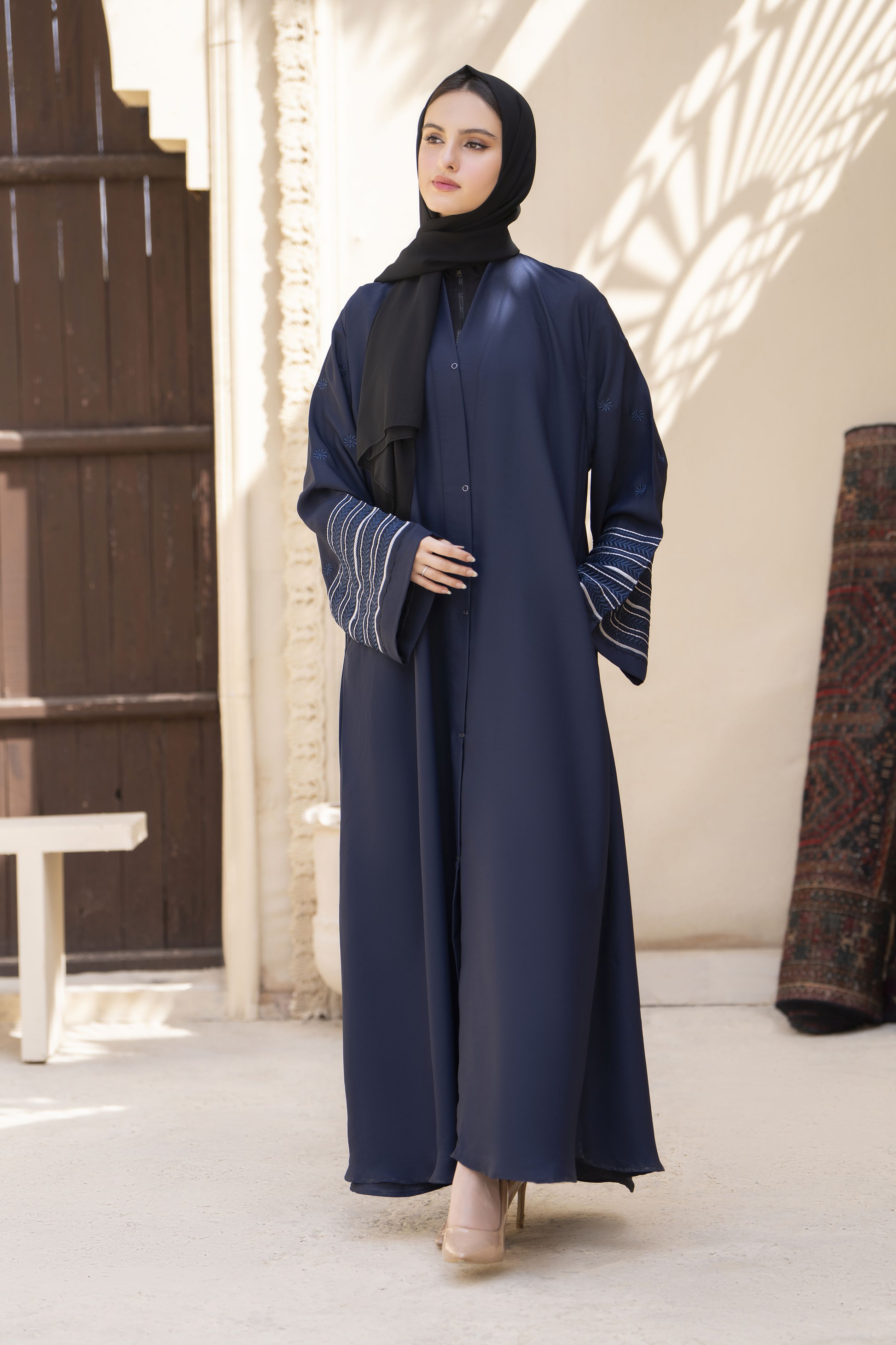 Midnight Blue Abaya with Linear Cuff Embroidery – Veil of Grace by Zaina ZVG15