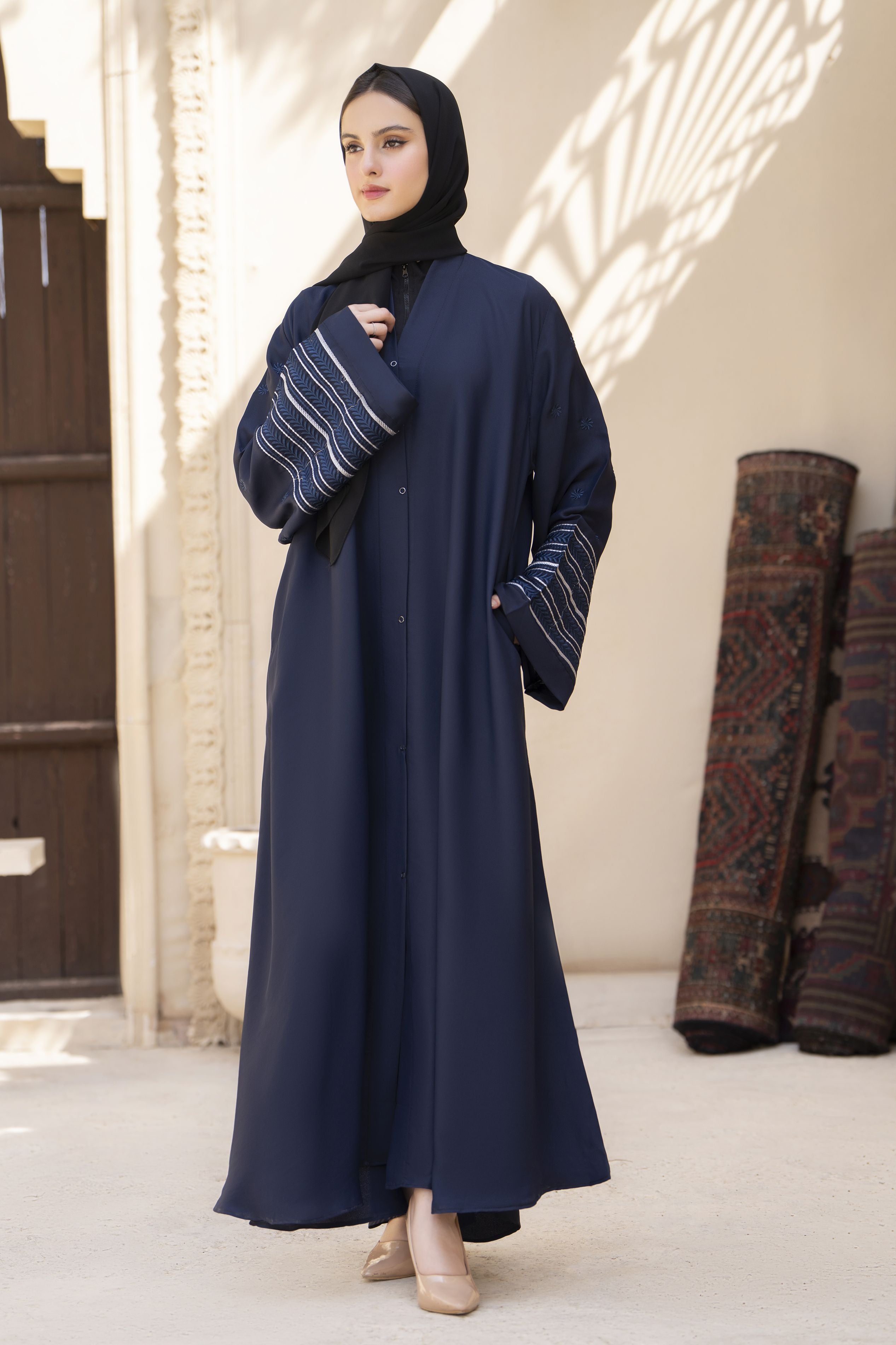 Midnight Blue Abaya with Linear Cuff Embroidery – Veil of Grace by Zaina ZVG15