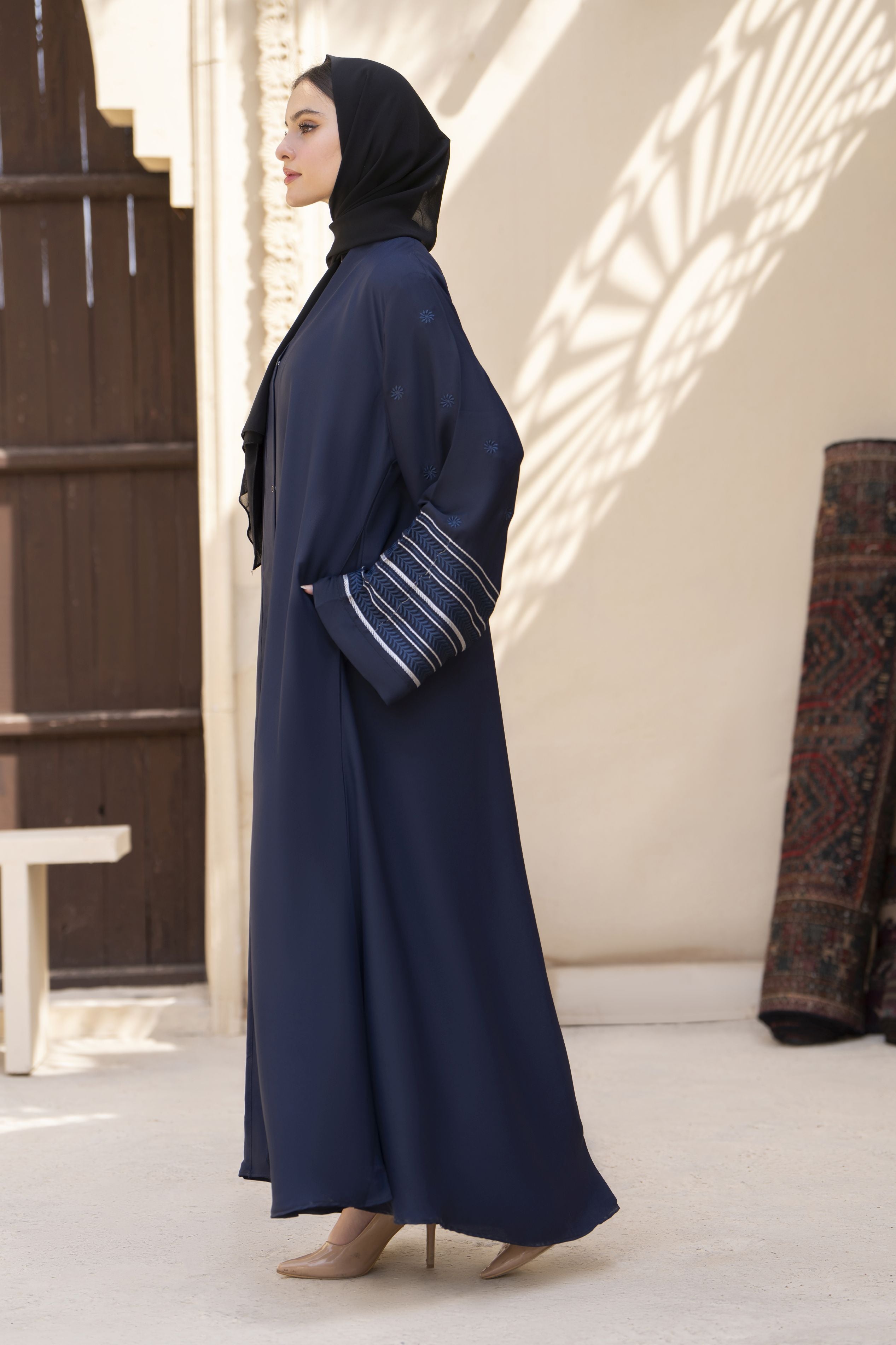 Midnight Blue Abaya with Linear Cuff Embroidery – Veil of Grace by Zaina ZVG15