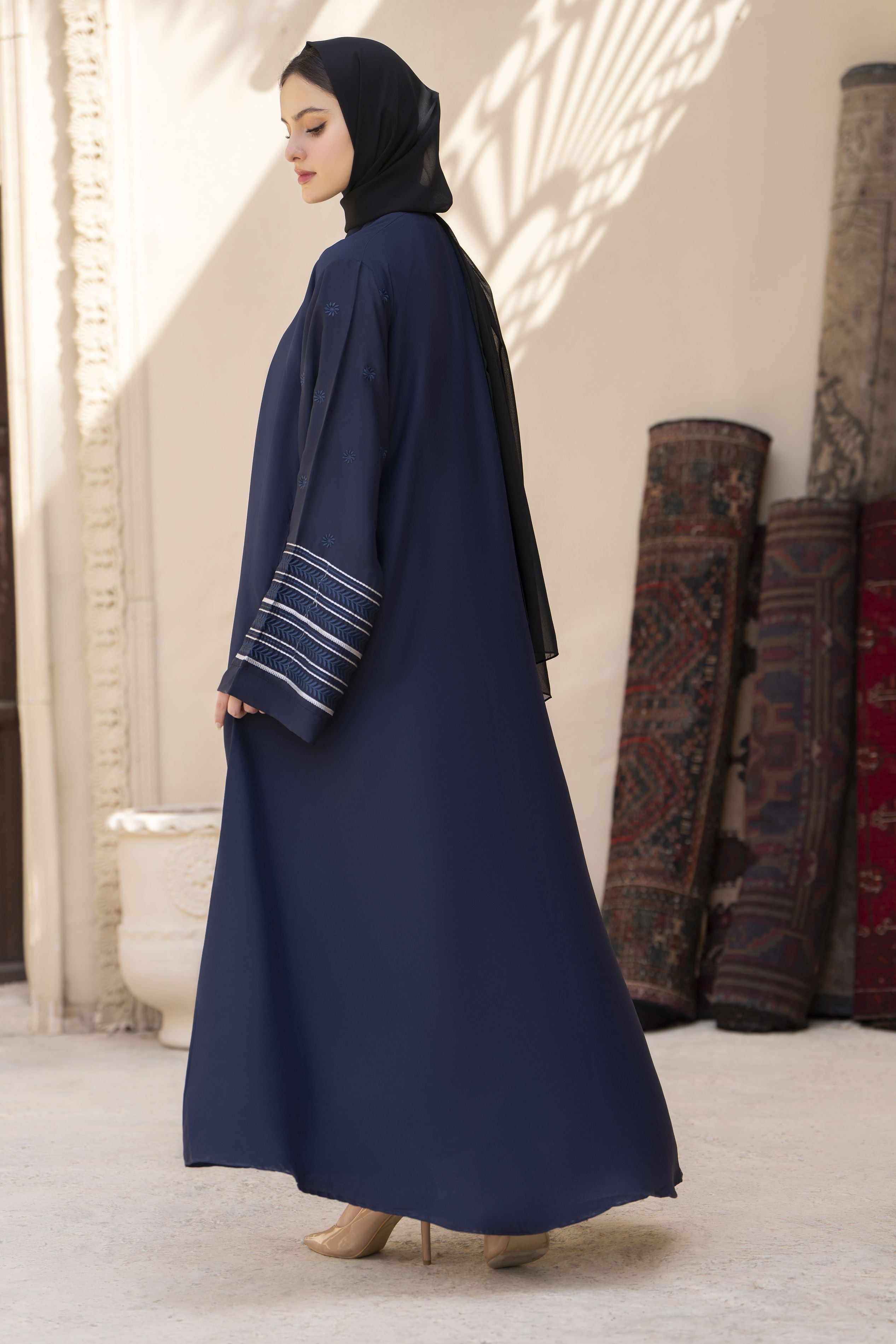 Midnight Blue Abaya with Linear Cuff Embroidery – Veil of Grace by Zaina ZVG15