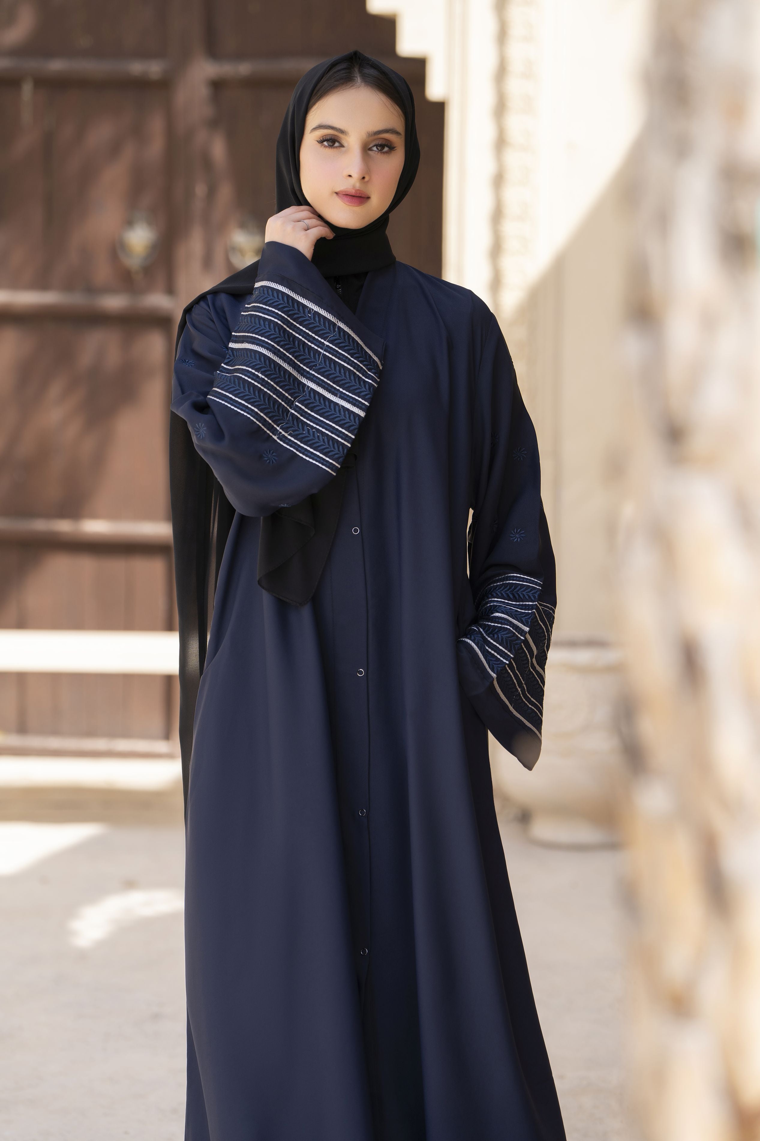 Midnight Blue Abaya with Linear Cuff Embroidery – Veil of Grace by Zaina ZVG15