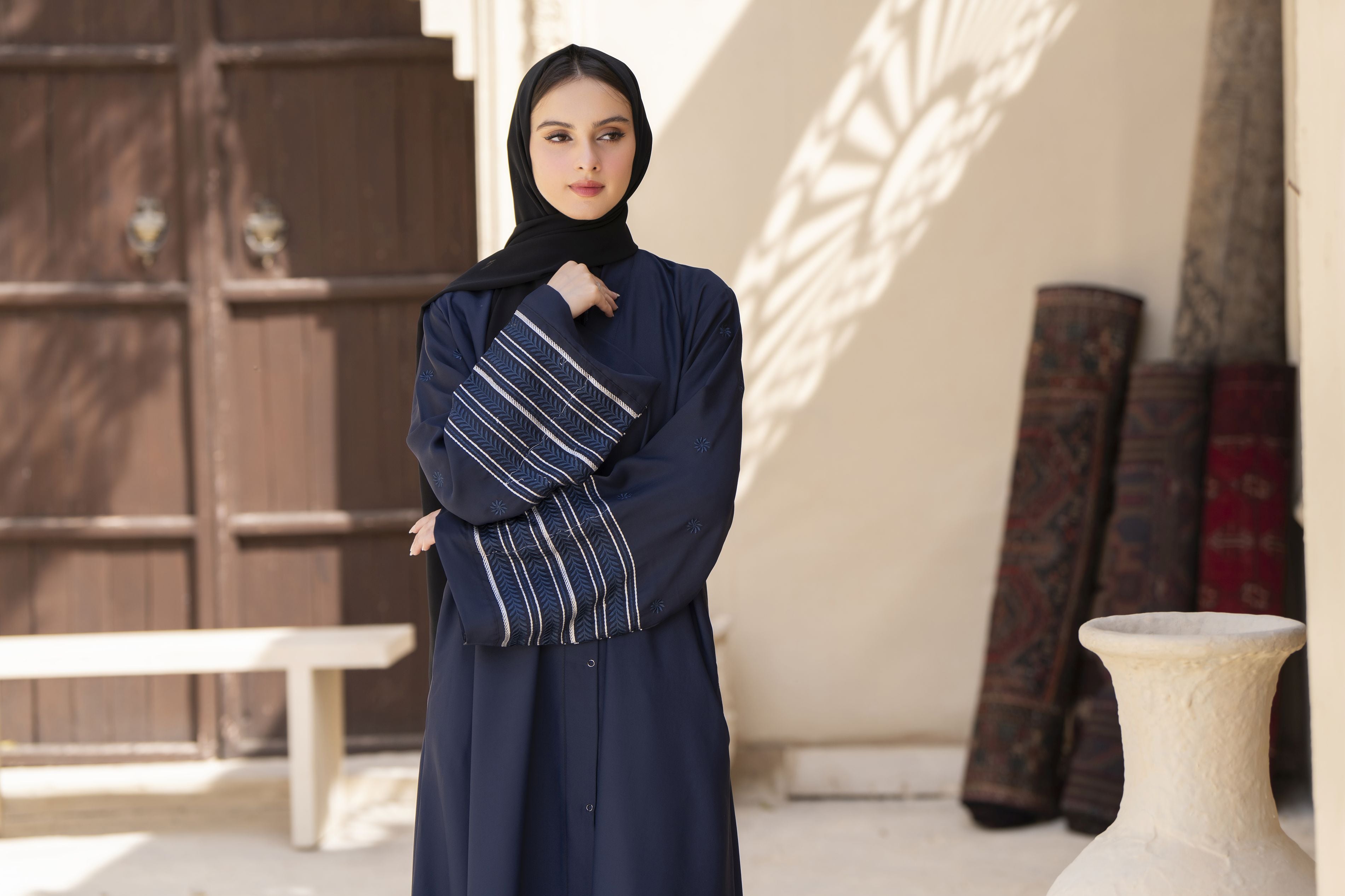 Midnight Blue Abaya with Linear Cuff Embroidery – Veil of Grace by Zaina ZVG15