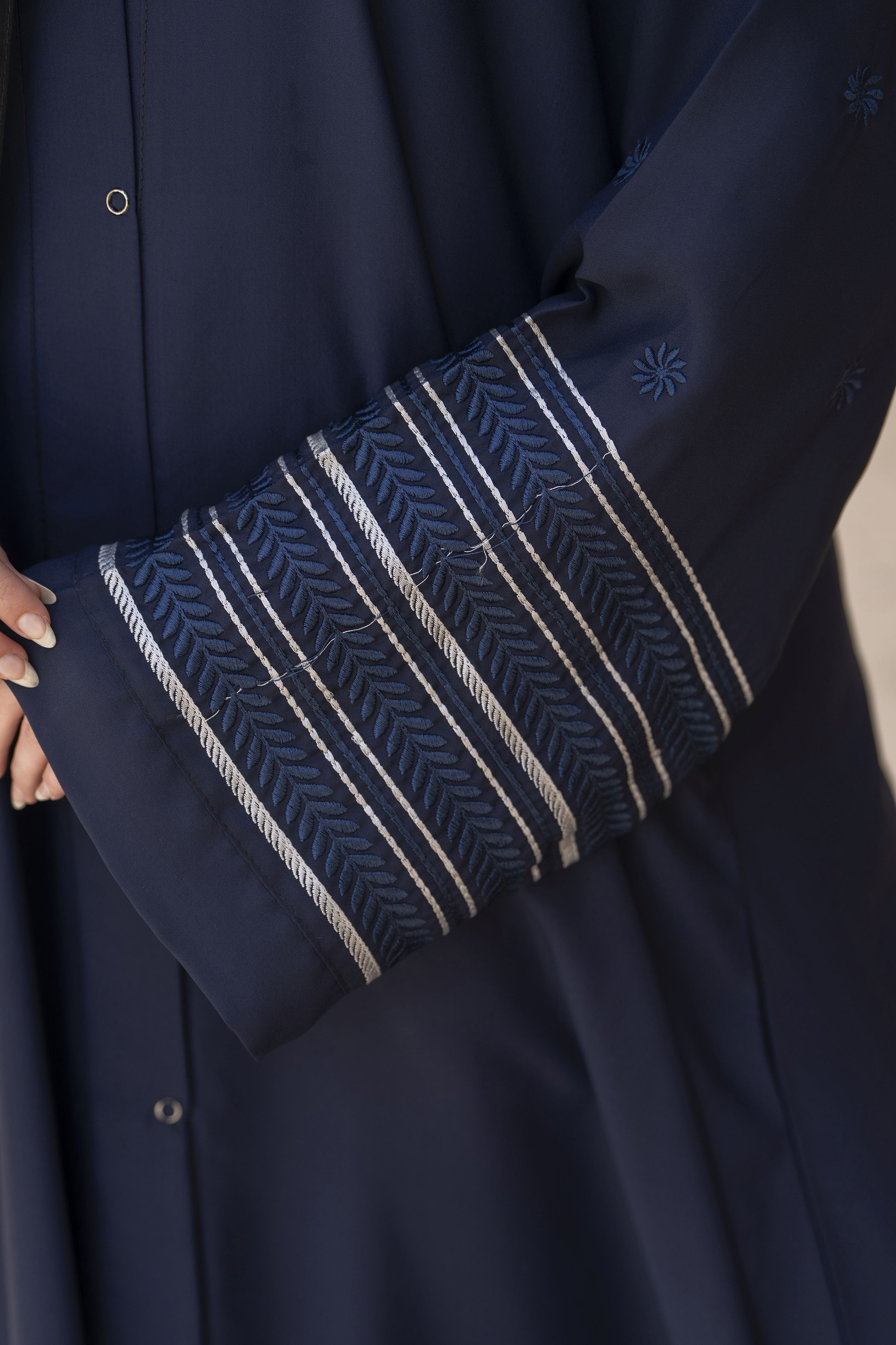 Midnight Blue Abaya with Linear Cuff Embroidery – Veil of Grace by Zaina ZVG15