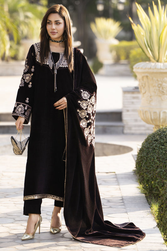Aleezay KASHMÉ – Dark Brown Velvet 3pc Suit with Velvet Shawl KA4