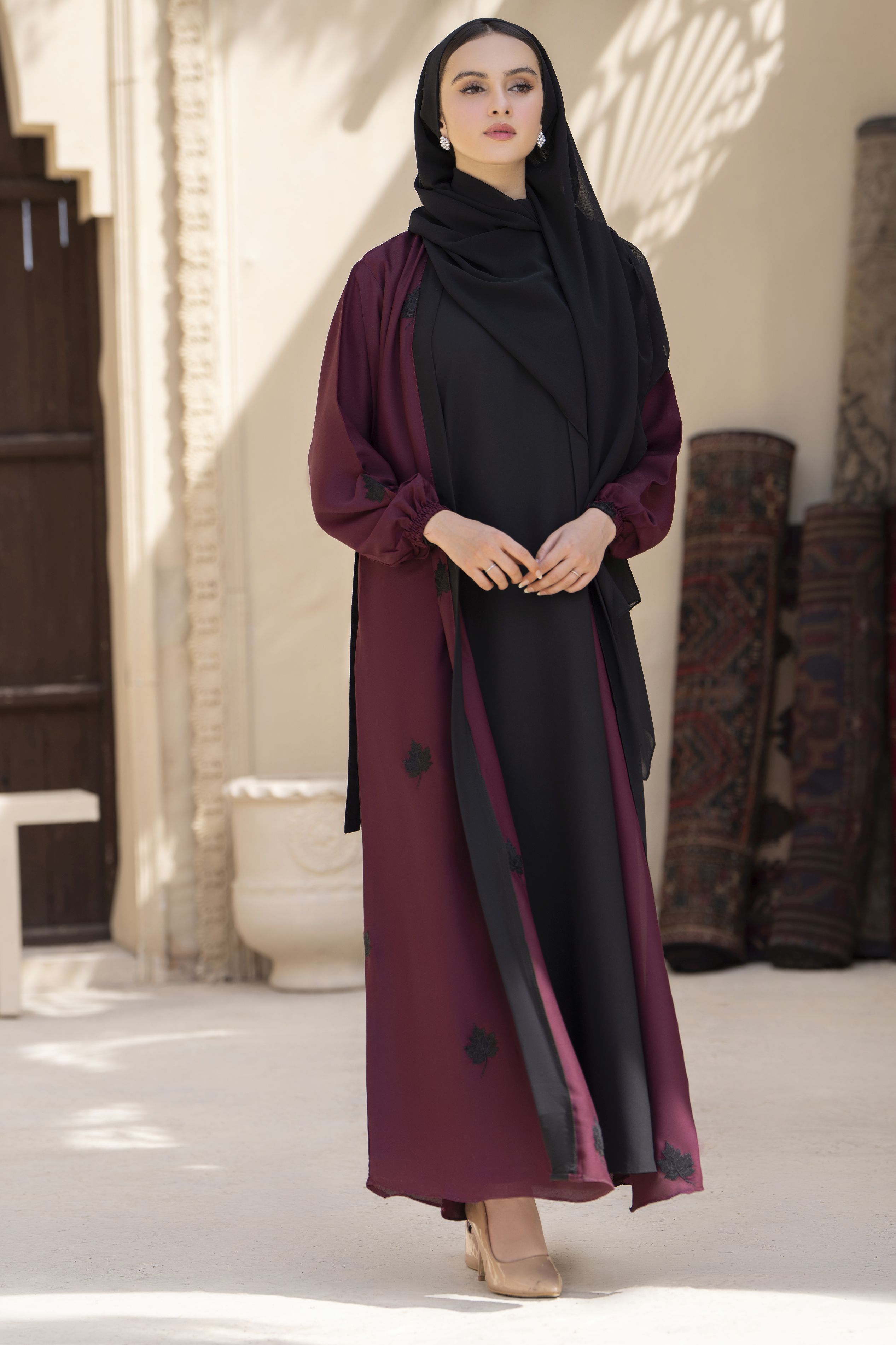Zaina Veil of Grace – Embroidered Maroon & Black Abaya Set with Scarf & Belt ZVG7