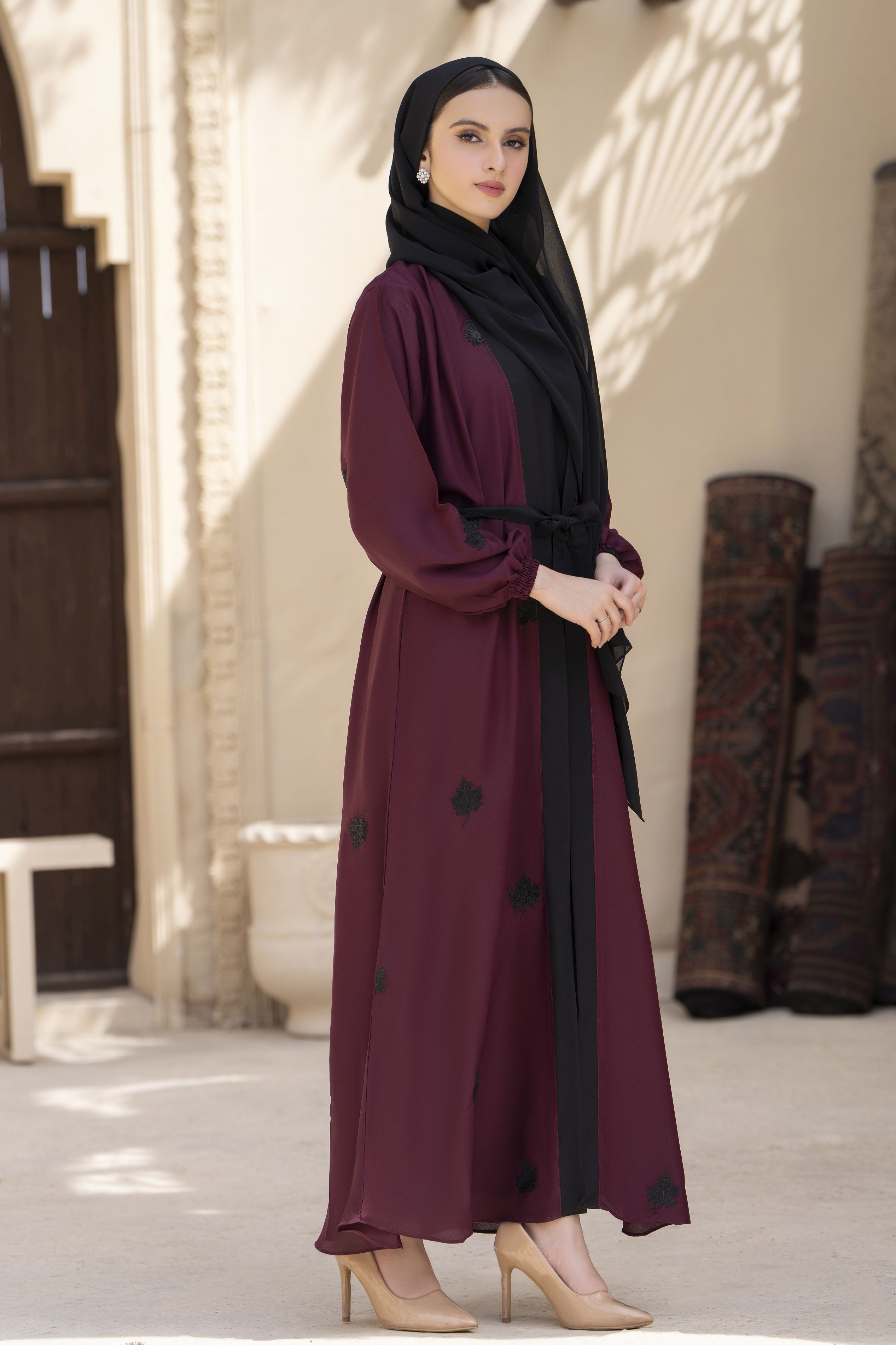 Zaina Veil of Grace – Embroidered Maroon & Black Abaya Set with Scarf & Belt ZVG7