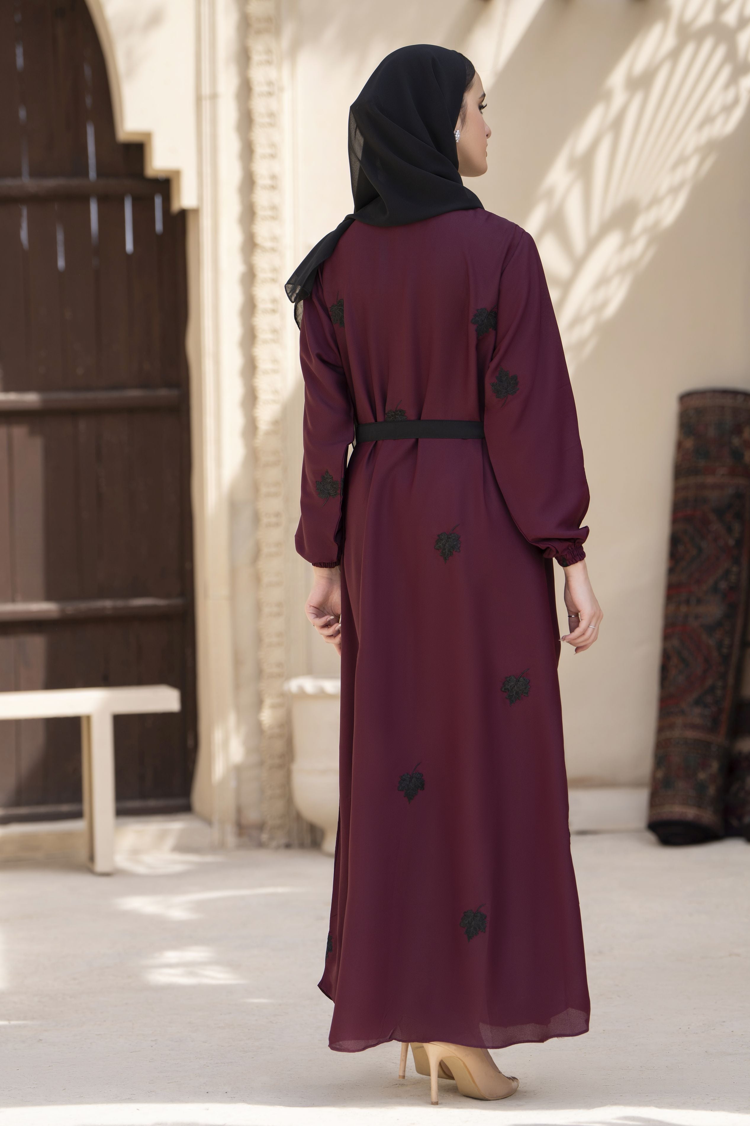 Zaina Veil of Grace – Embroidered Maroon & Black Abaya Set with Scarf & Belt ZVG7