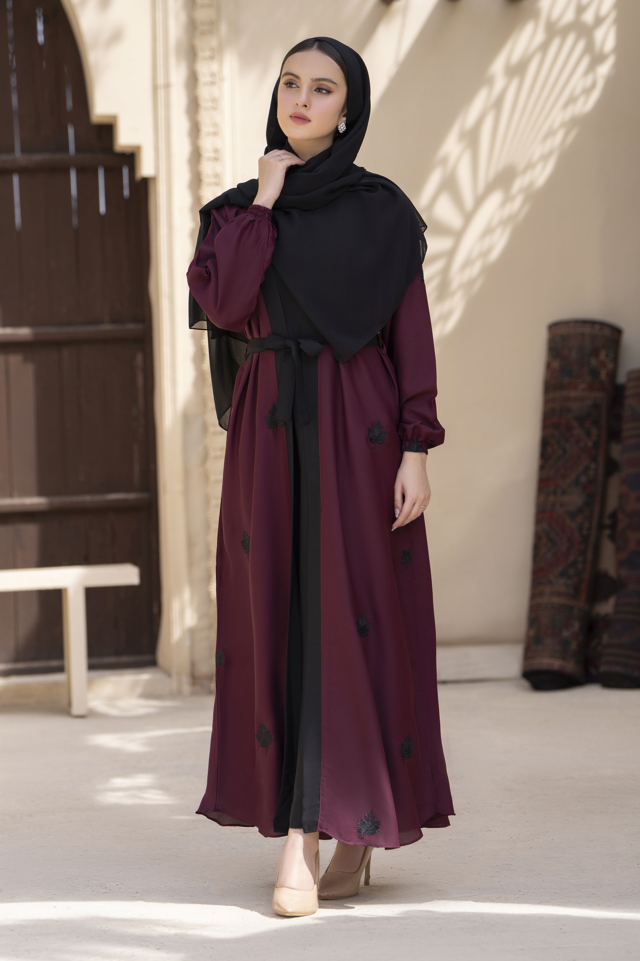 Zaina Veil of Grace – Embroidered Maroon & Black Abaya Set with Scarf & Belt ZVG7