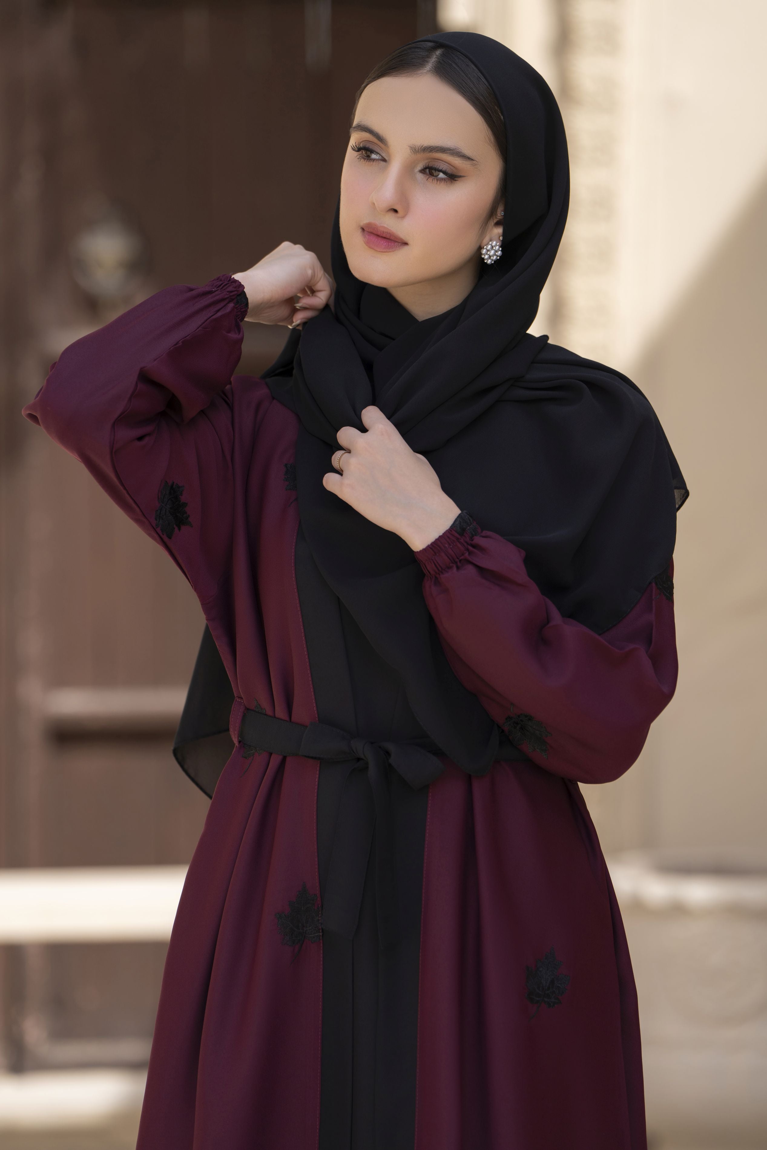 Zaina Veil of Grace – Embroidered Maroon & Black Abaya Set with Scarf & Belt ZVG7