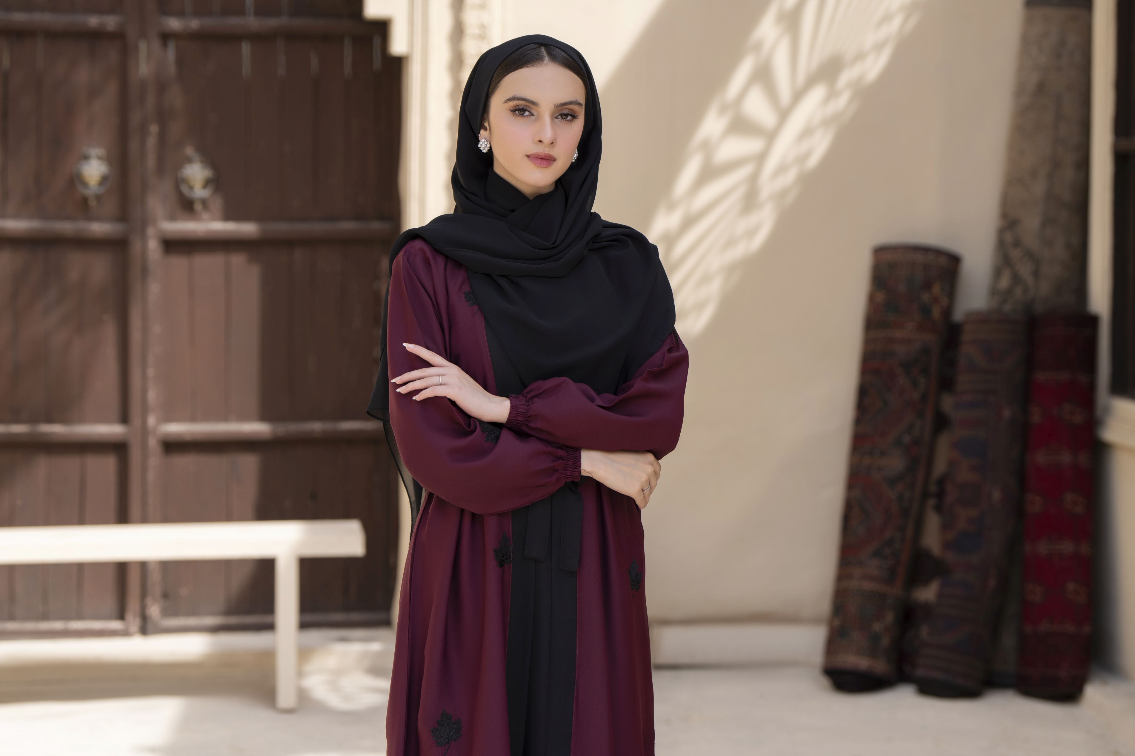 Zaina Veil of Grace – Embroidered Maroon & Black Abaya Set with Scarf & Belt ZVG7
