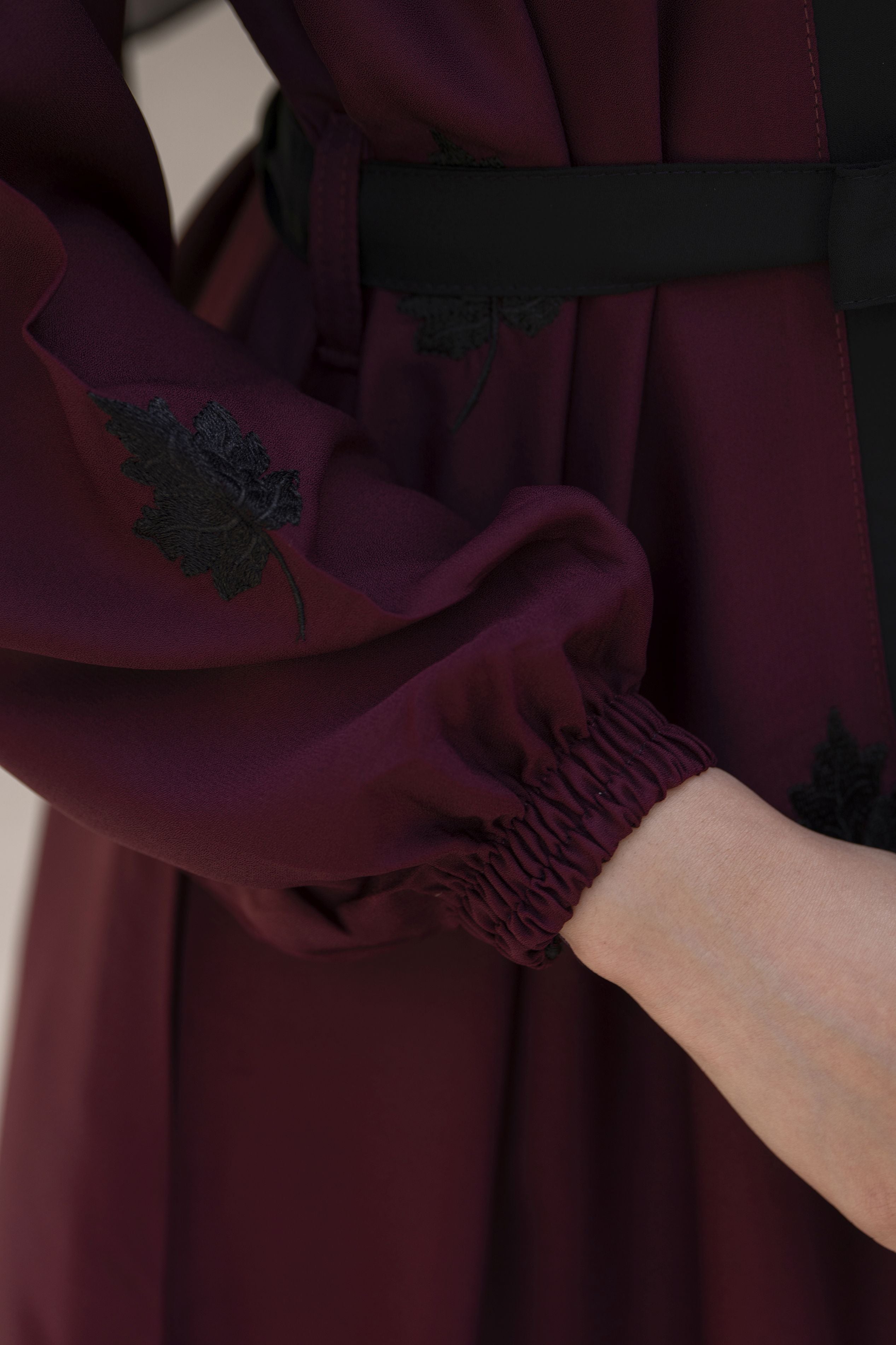 Zaina Veil of Grace – Embroidered Maroon & Black Abaya Set with Scarf & Belt ZVG7