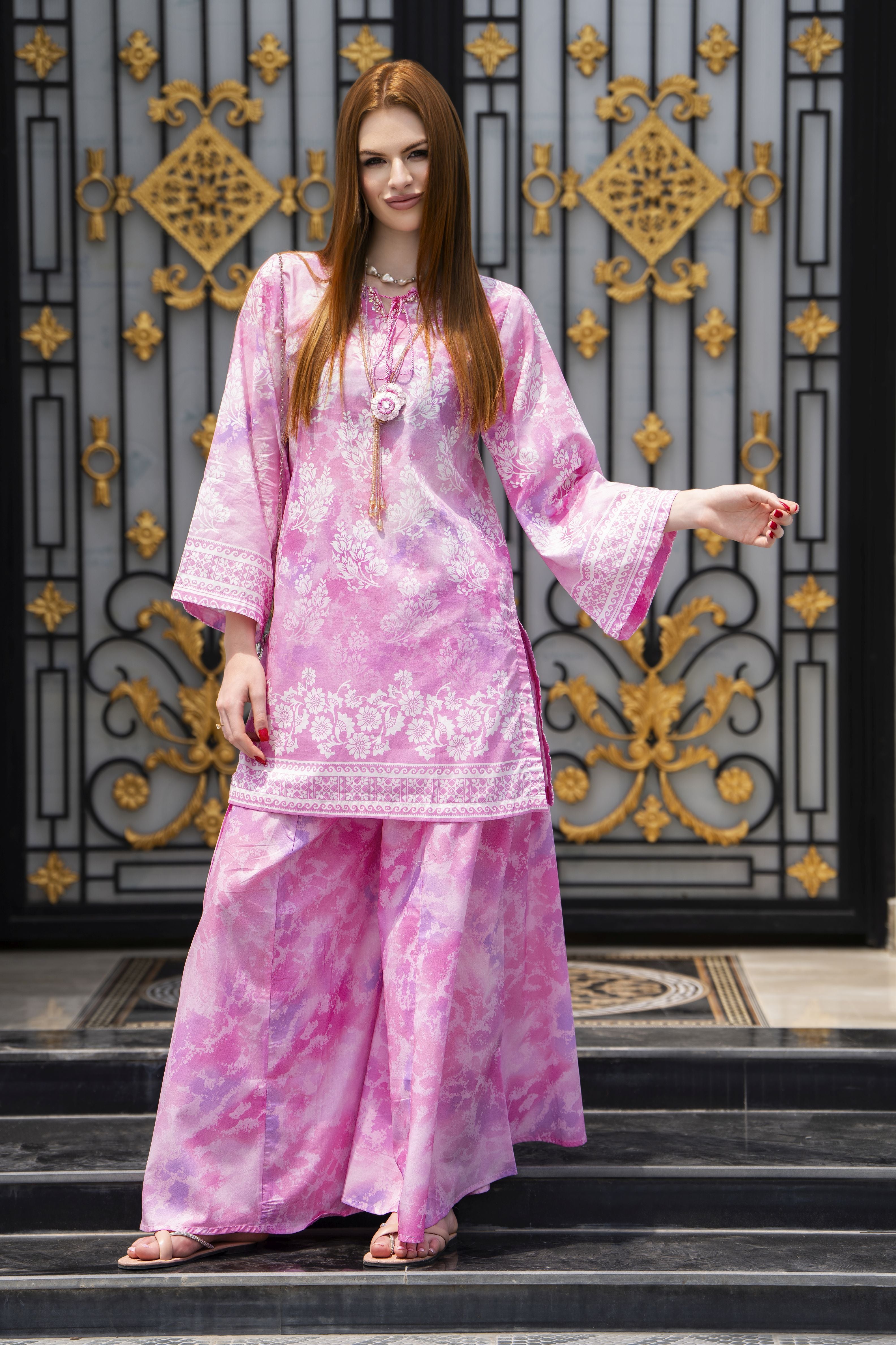 Zaiwa Pink 2pc Printed Lawn Sharara Suit with Handmade Neckline – DZ7