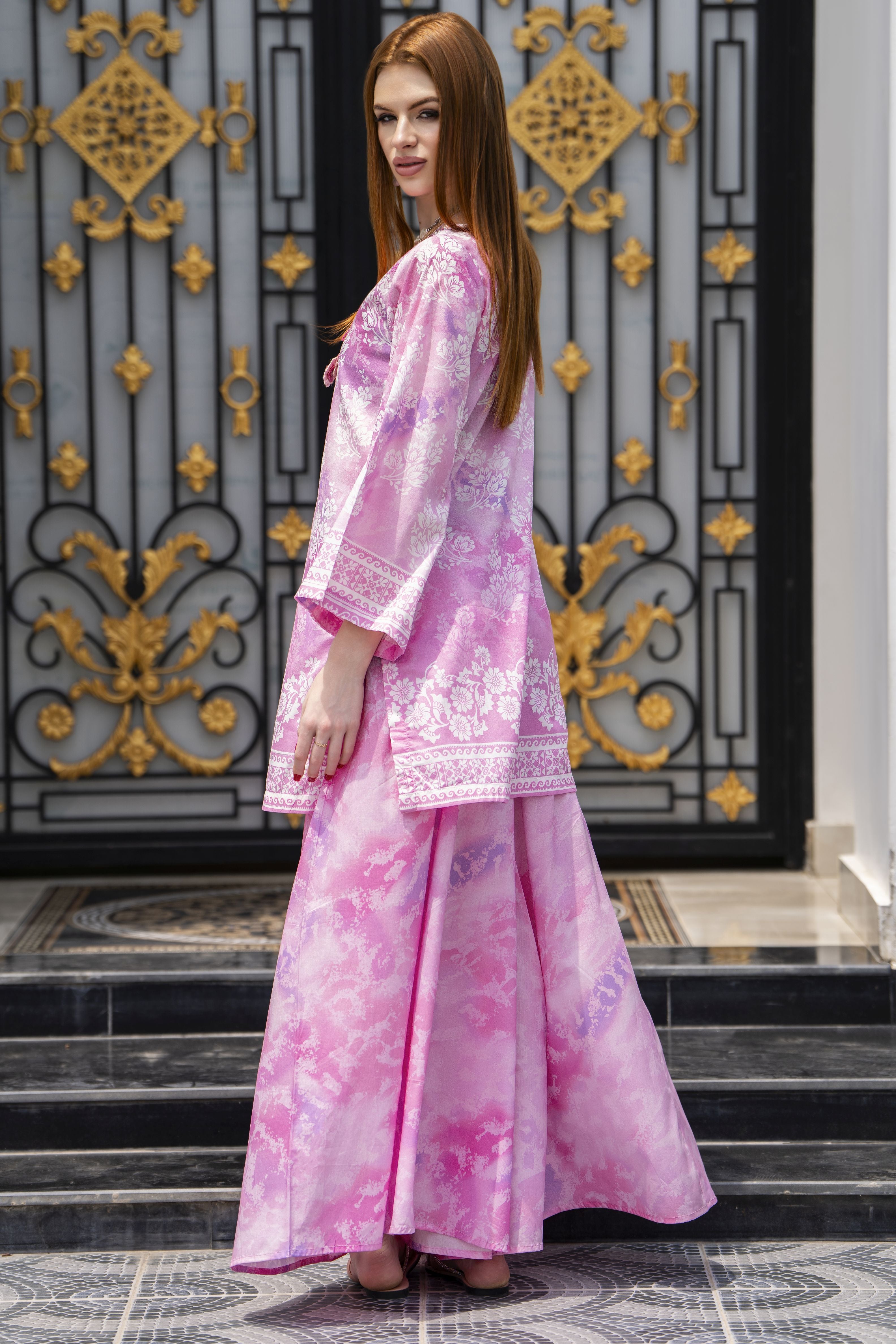 Zaiwa Pink 2pc Printed Lawn Sharara Suit with Handmade Neckline – DZ7