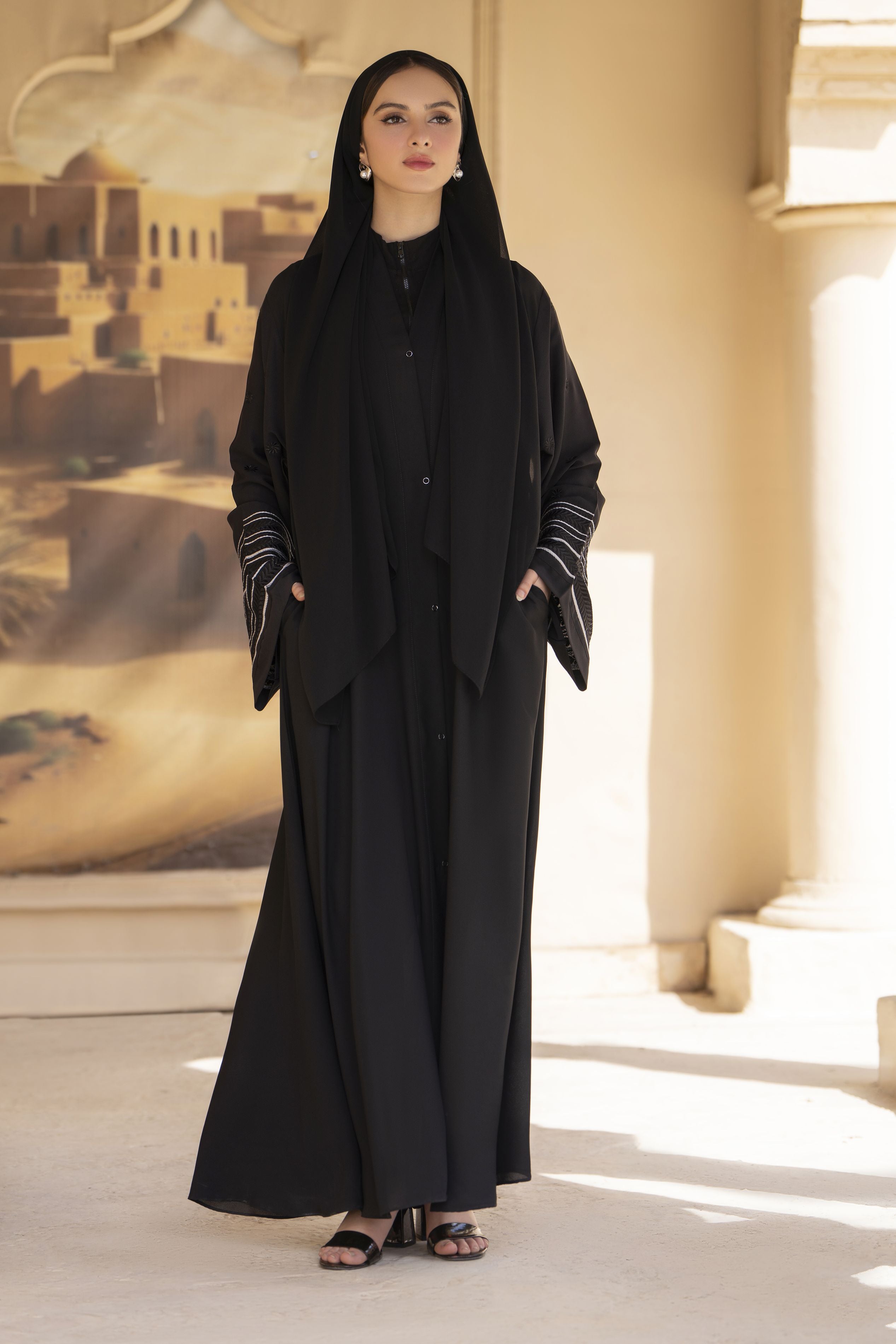 Classic Black Abaya with Monochrome Cuff Embroidery – Veil of Grace by Zaina ZVG16