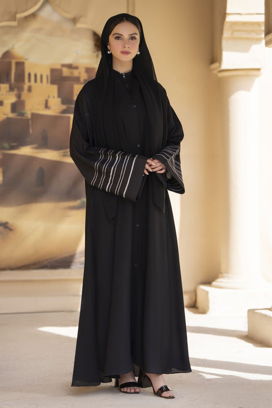 Classic Black Abaya with Monochrome Cuff Embroidery – Veil of Grace by Zaina ZVG16