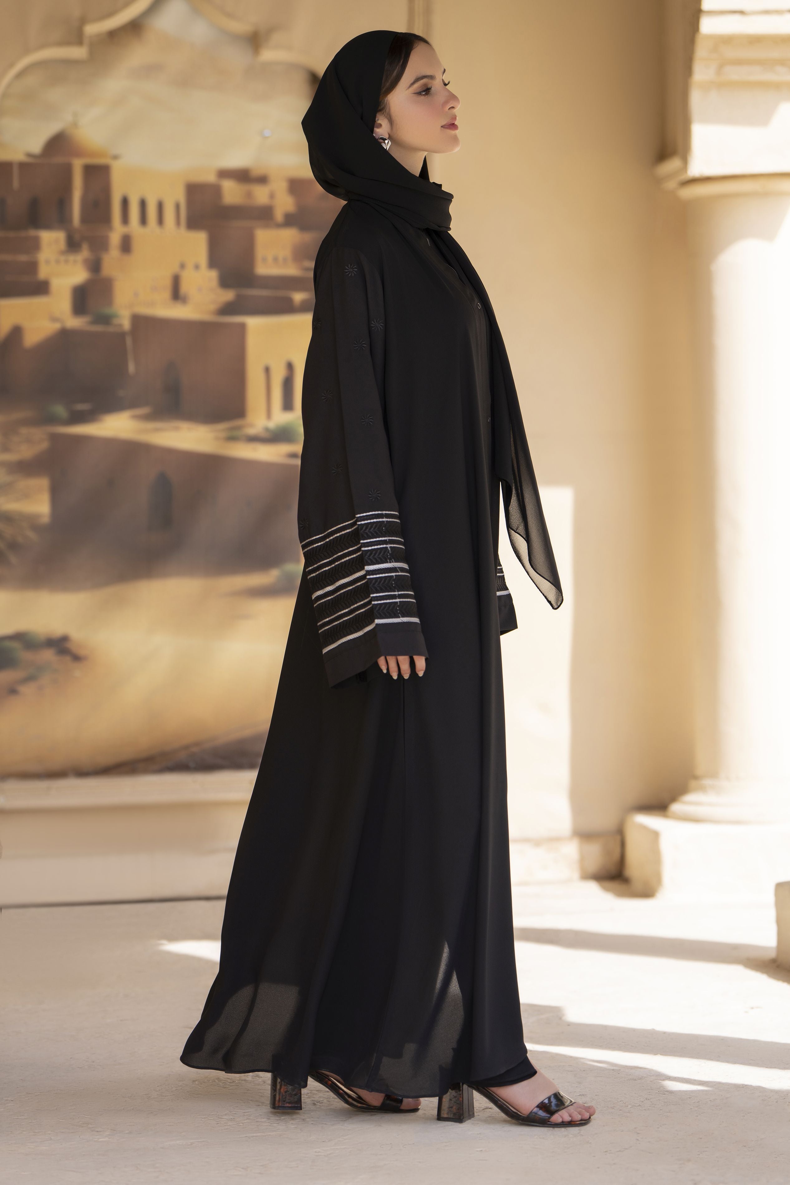 Classic Black Abaya with Monochrome Cuff Embroidery – Veil of Grace by Zaina ZVG16
