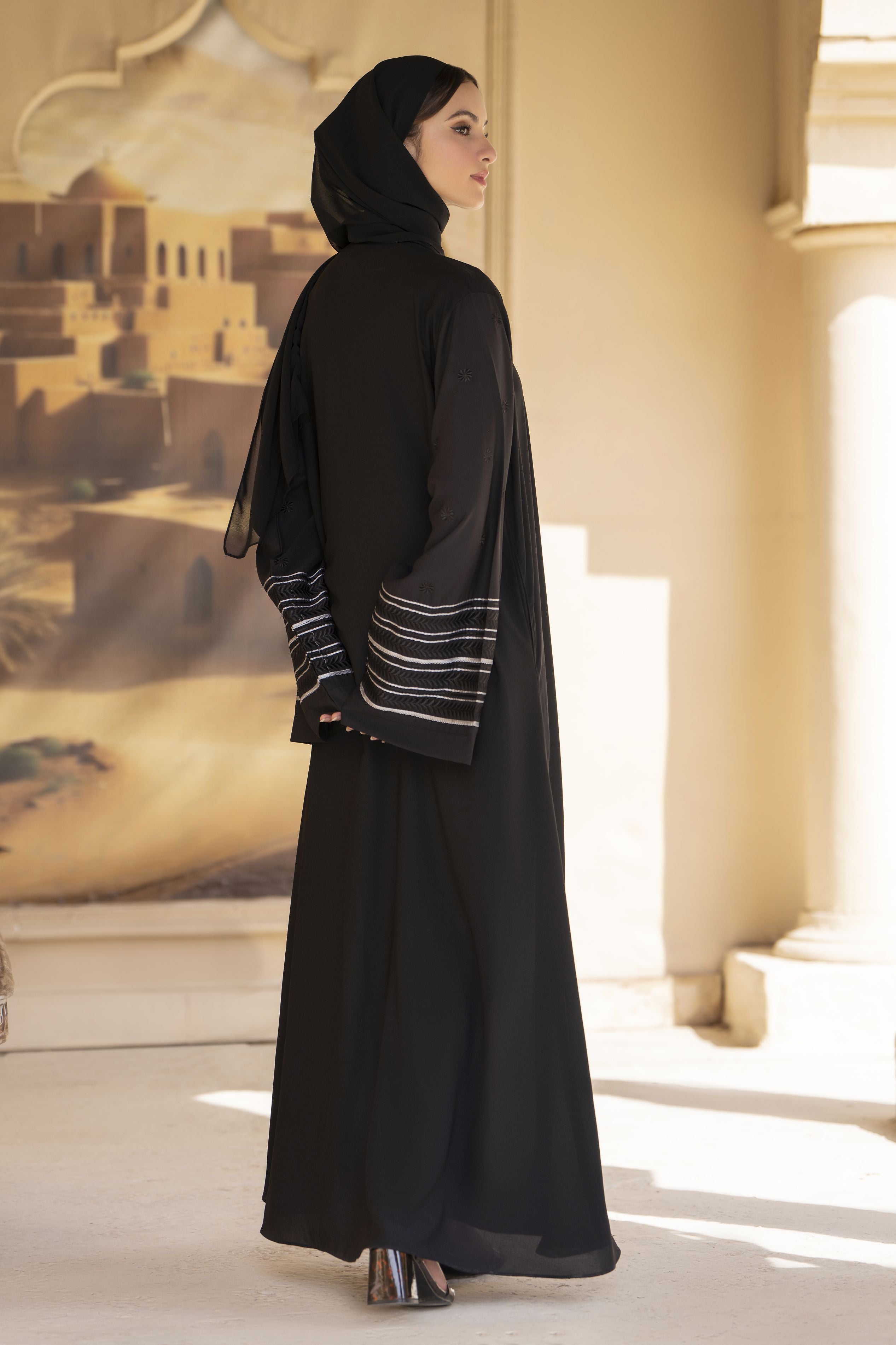 Classic Black Abaya with Monochrome Cuff Embroidery – Veil of Grace by Zaina ZVG16