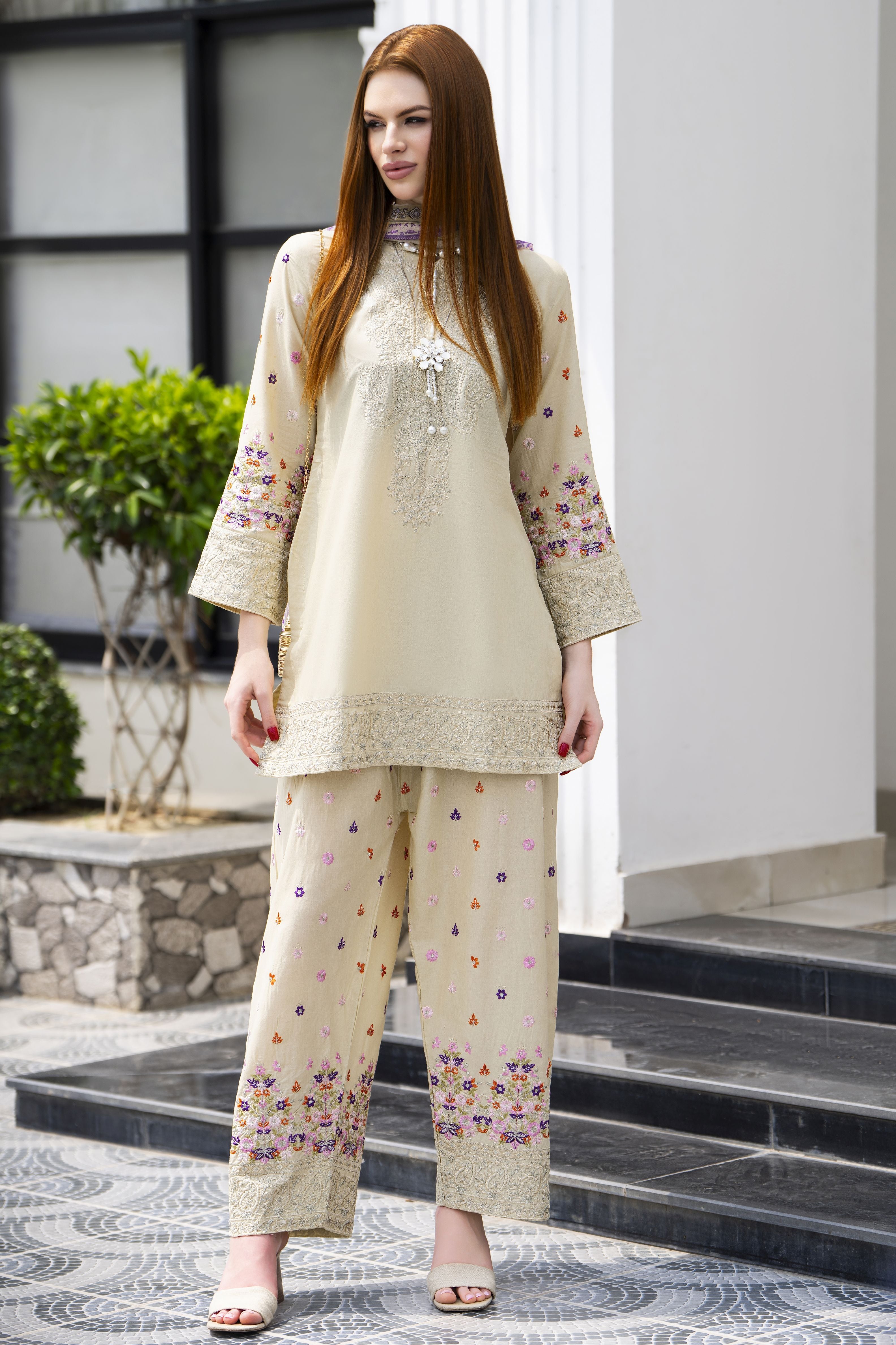 Zaiwa 3pc Embroidered Cotton Farshi Shalwar Suit with Chiffon Dupatta – DZ11