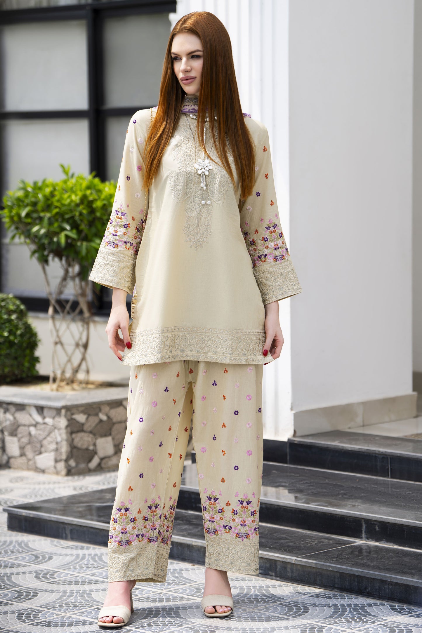 Zaiwa 3pc Embroidered Cotton Farshi Shalwar Suit with Chiffon Dupatta – DZ11