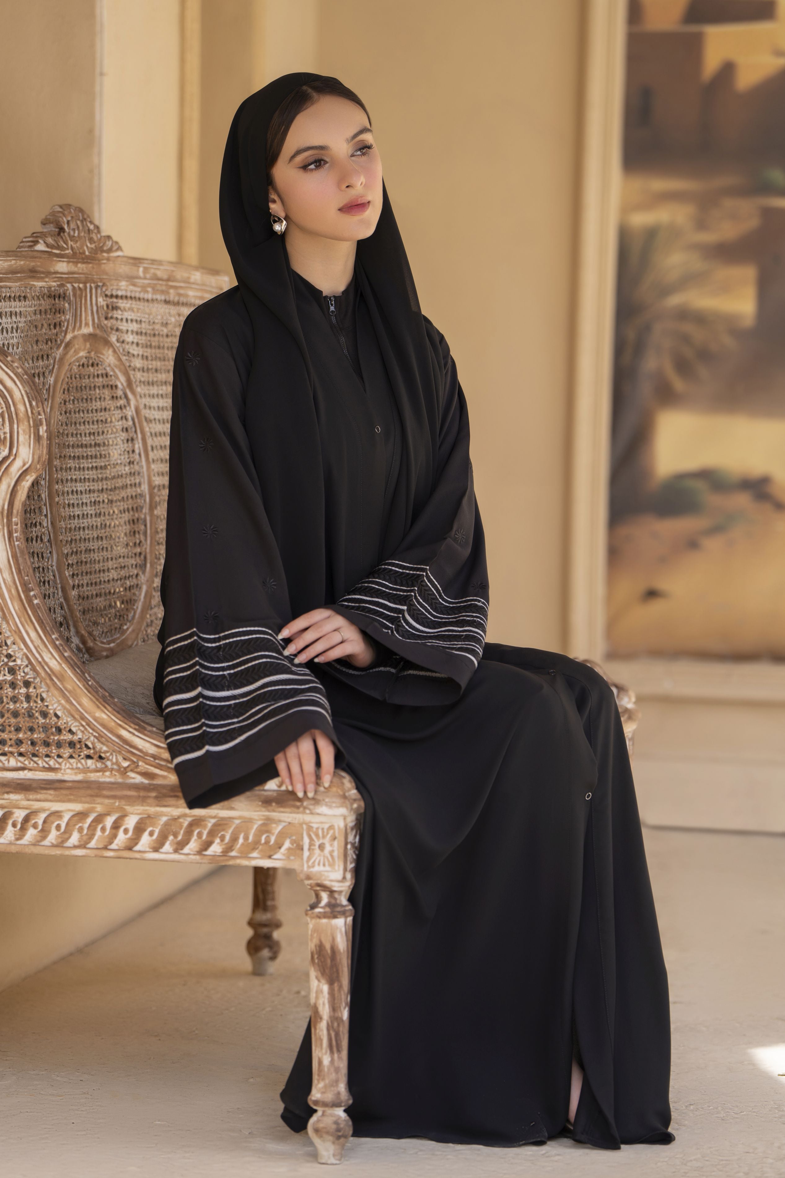 Classic Black Abaya with Monochrome Cuff Embroidery – Veil of Grace by Zaina ZVG16