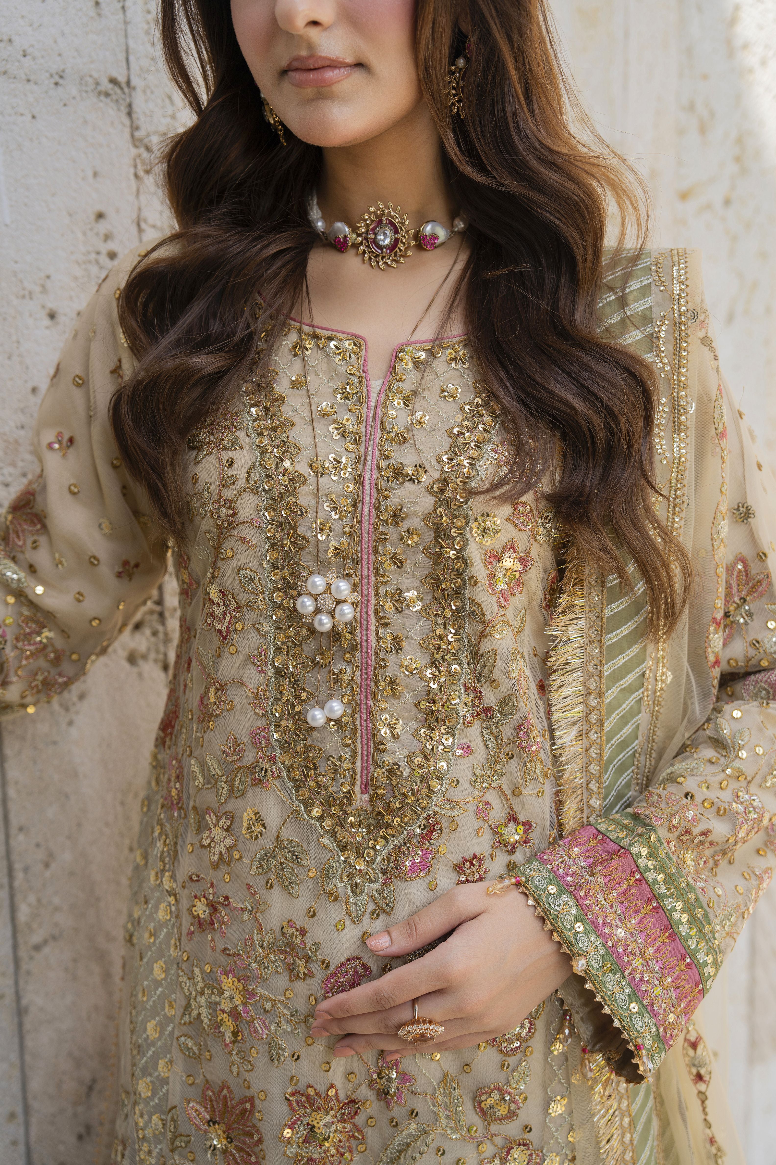 Arwah The Wedding Guest Edit 3pc Handworked Net Gharara Suit – ASG6