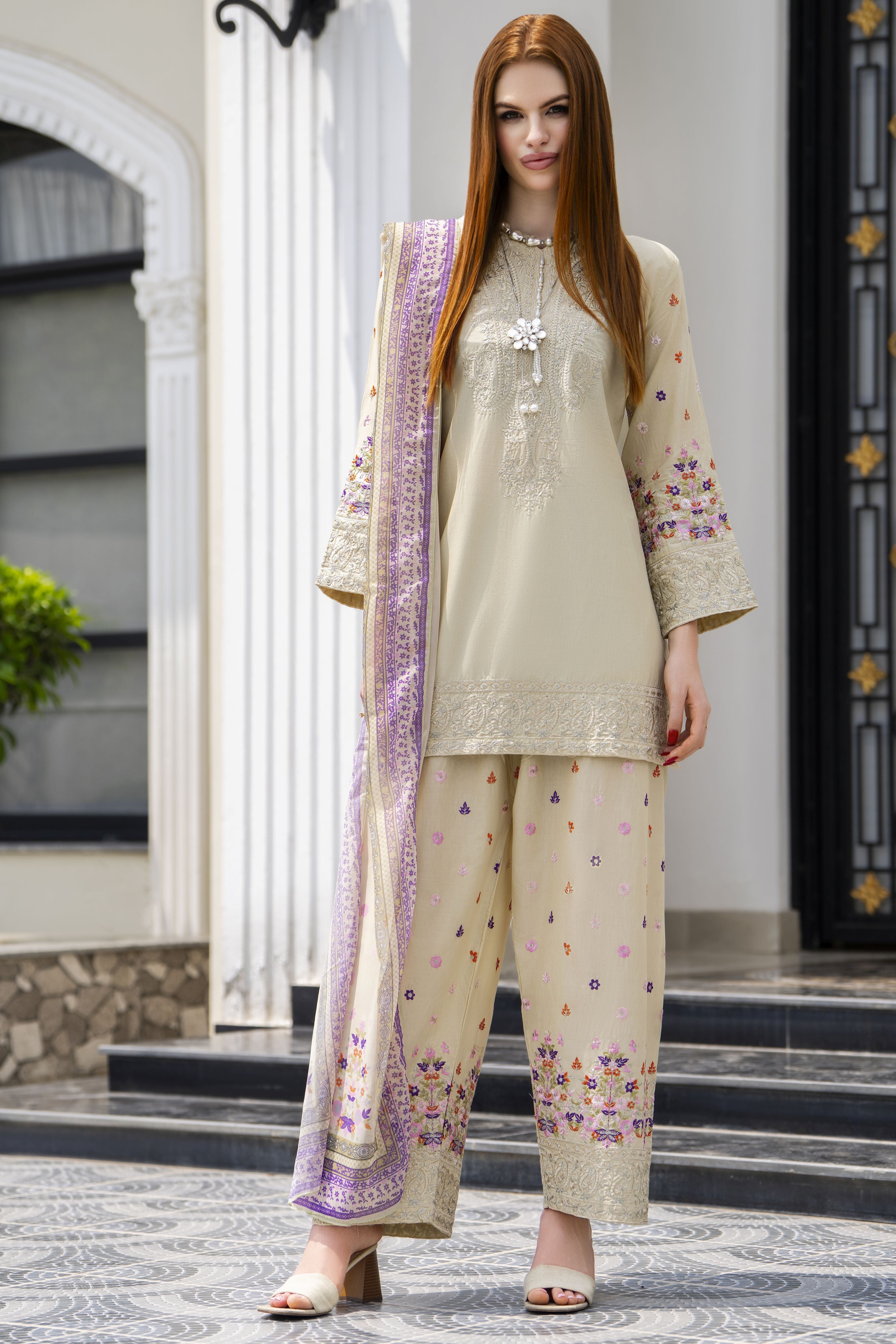 Zaiwa 3pc Embroidered Cotton Farshi Shalwar Suit with Chiffon Dupatta – DZ11
