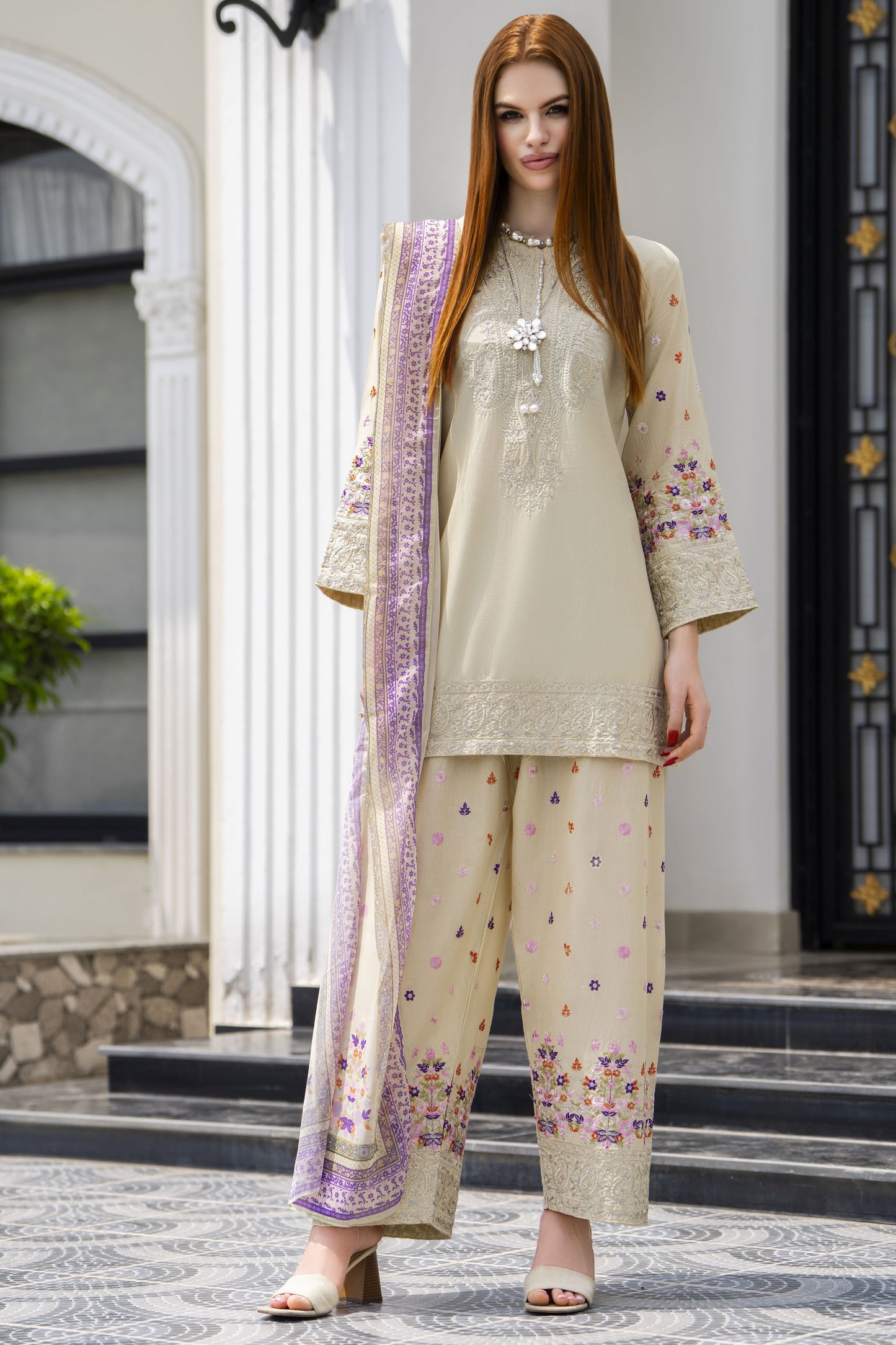 Zaiwa 3pc Embroidered Cotton Farshi Shalwar Suit with Chiffon Dupatta – DZ11