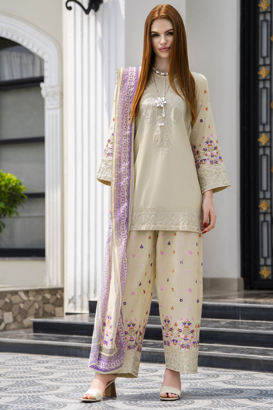 Zaiwa 3pc Embroidered Cotton Farshi Shalwar Suit with Chiffon Dupatta – DZ11