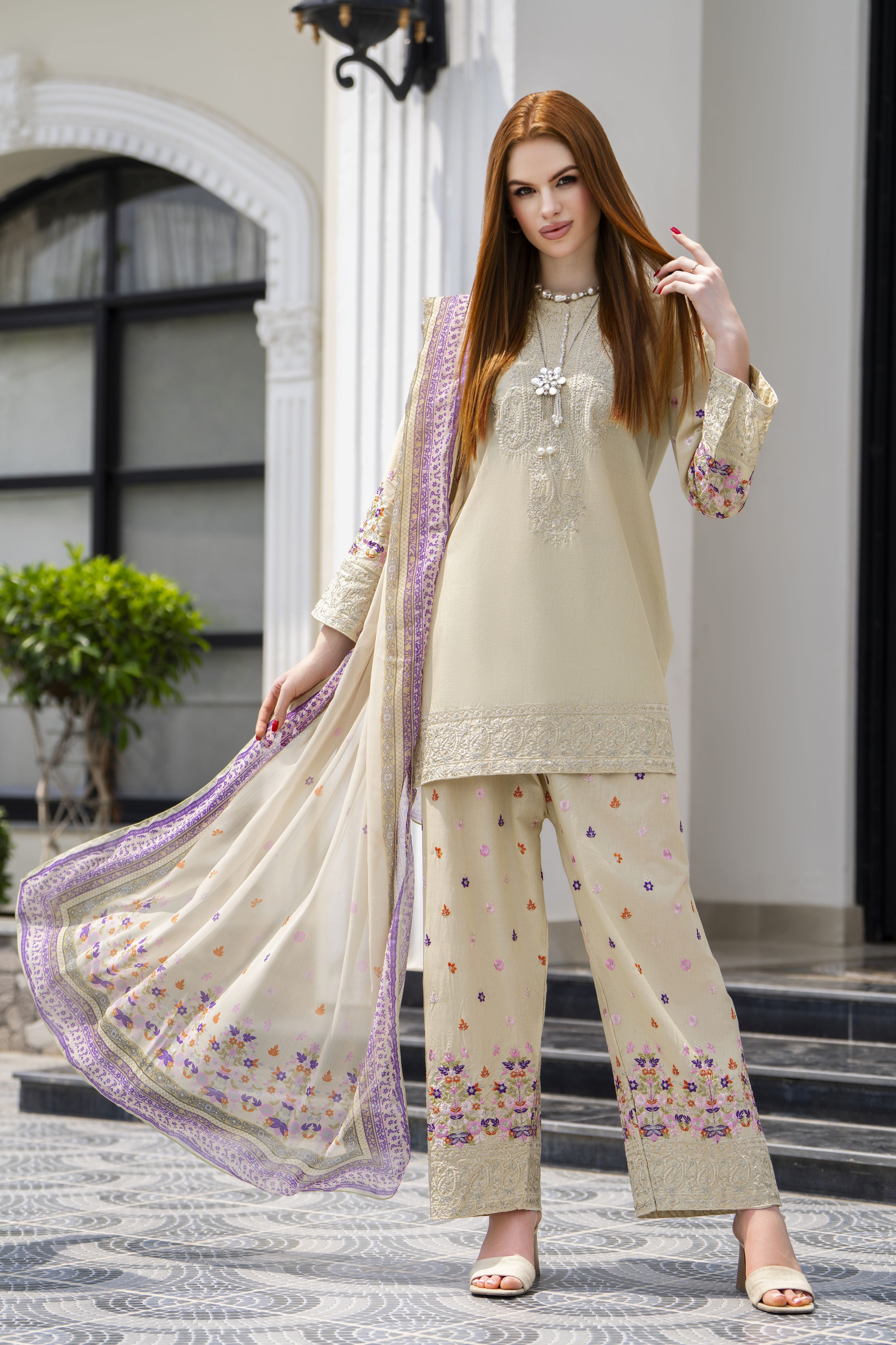 Zaiwa 3pc Embroidered Cotton Farshi Shalwar Suit with Chiffon Dupatta – DZ11