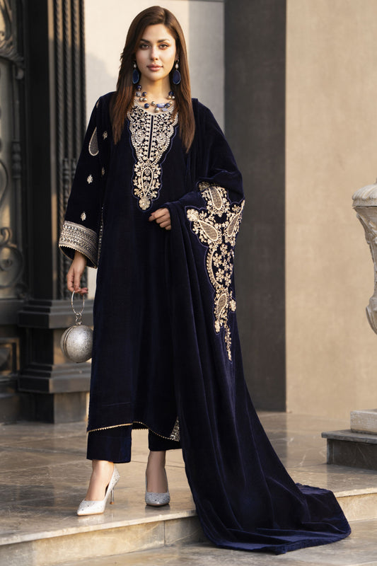 Aleezay KASHMÉ – Navy Blue Velvet 3pc Suit with Velvet Shawl KA6