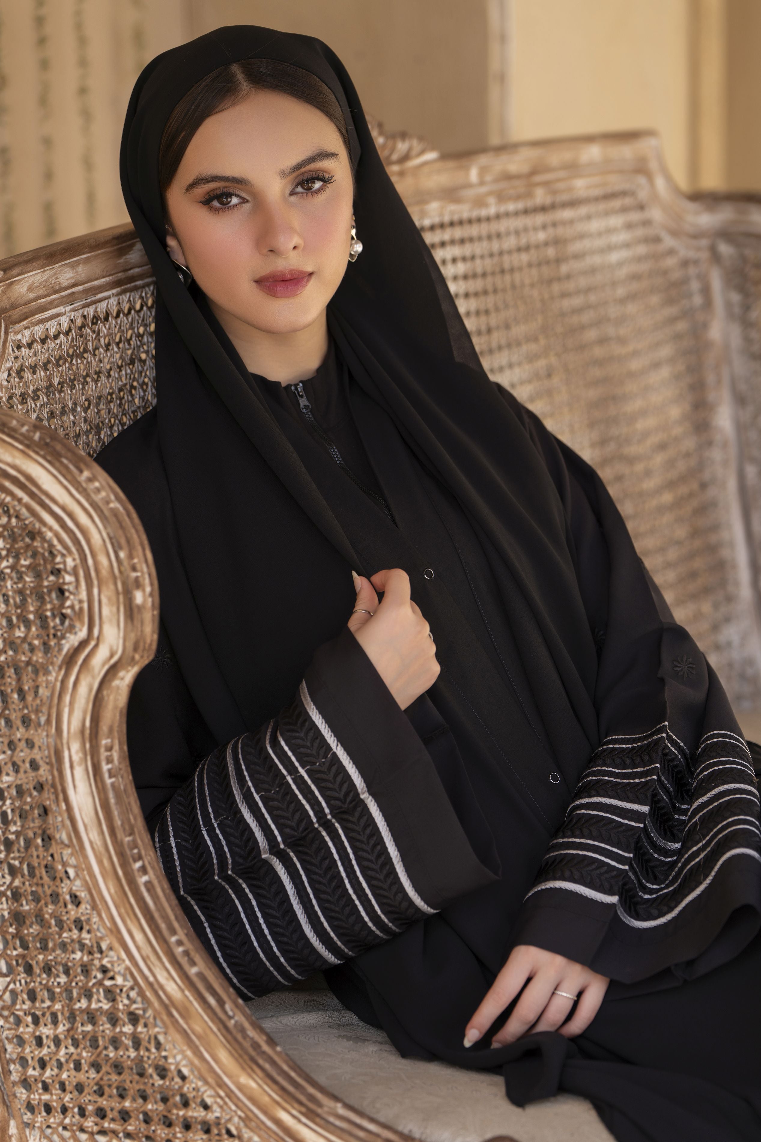 Classic Black Abaya with Monochrome Cuff Embroidery – Veil of Grace by Zaina ZVG16