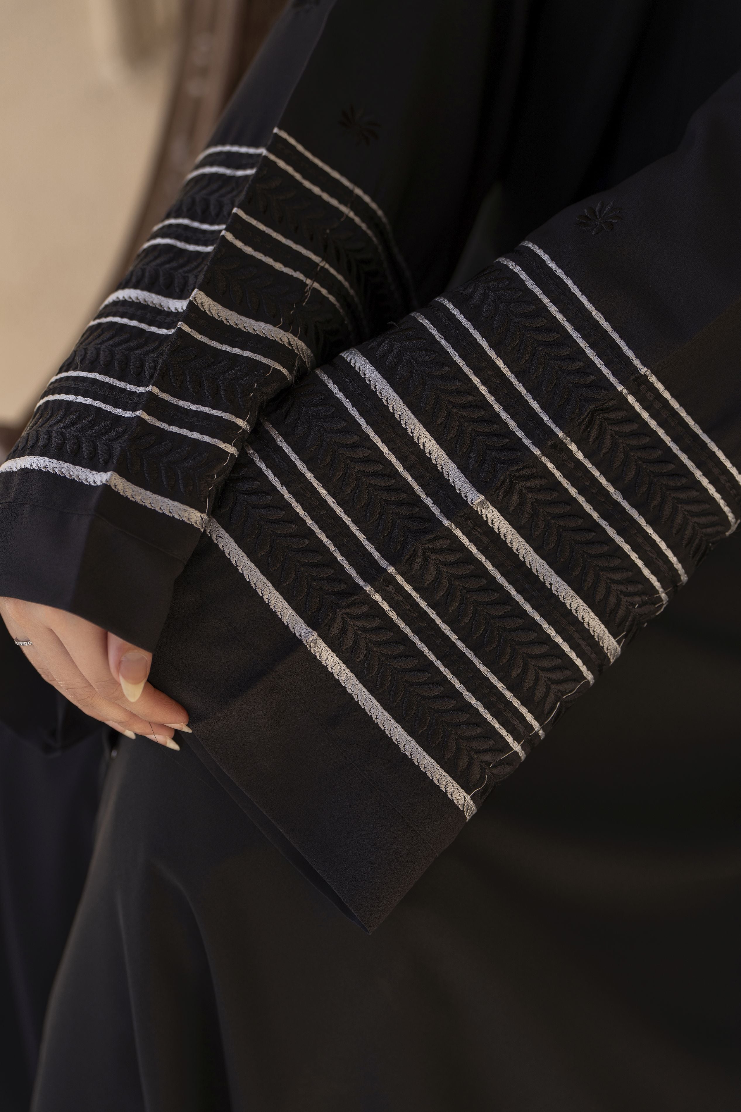 Classic Black Abaya with Monochrome Cuff Embroidery – Veil of Grace by Zaina ZVG16