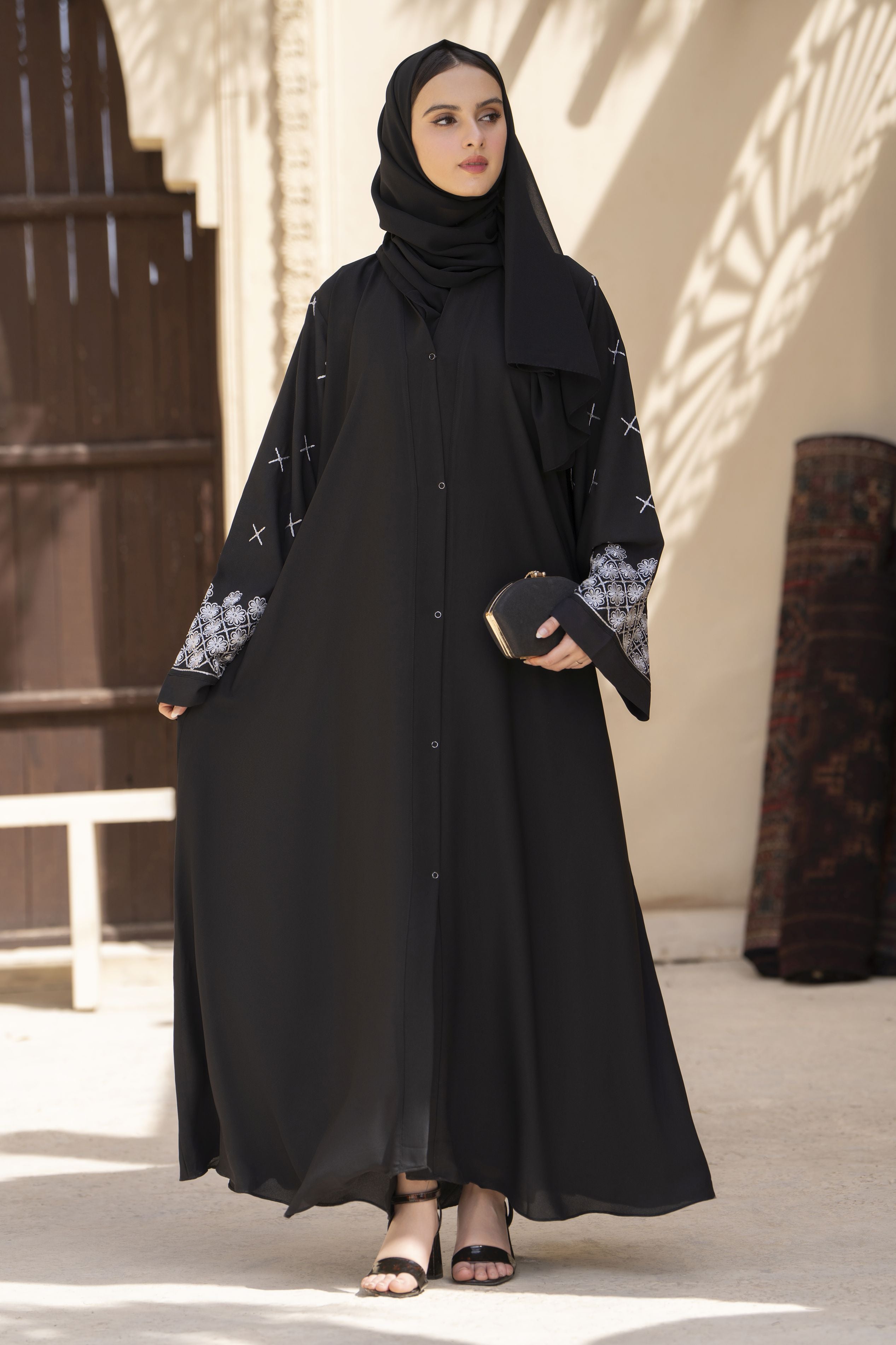Zaina Veil of Grace – Black Abaya with White Embroidery ZVG3