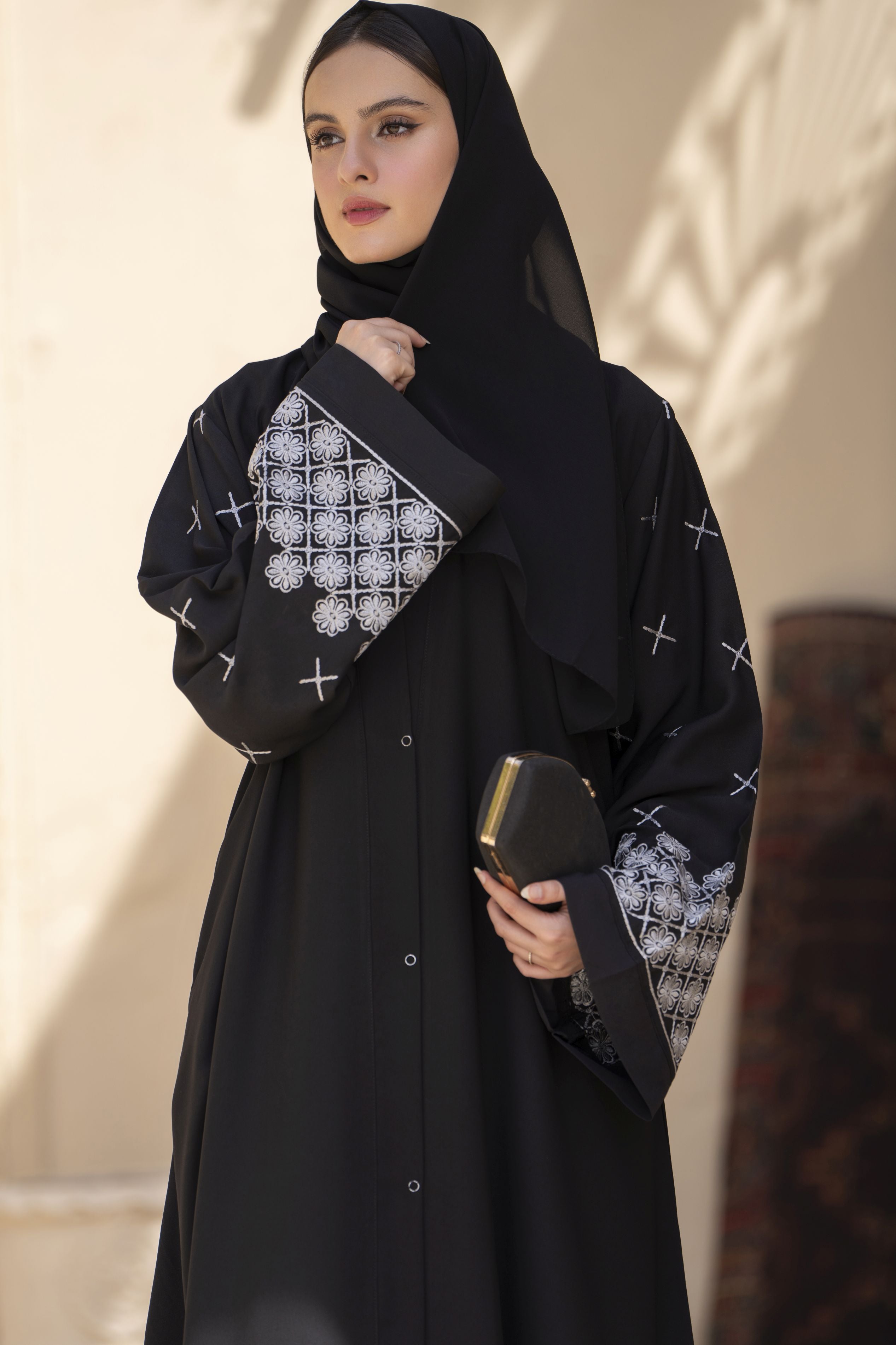 Zaina Veil of Grace – Black Abaya with White Embroidery ZVG3