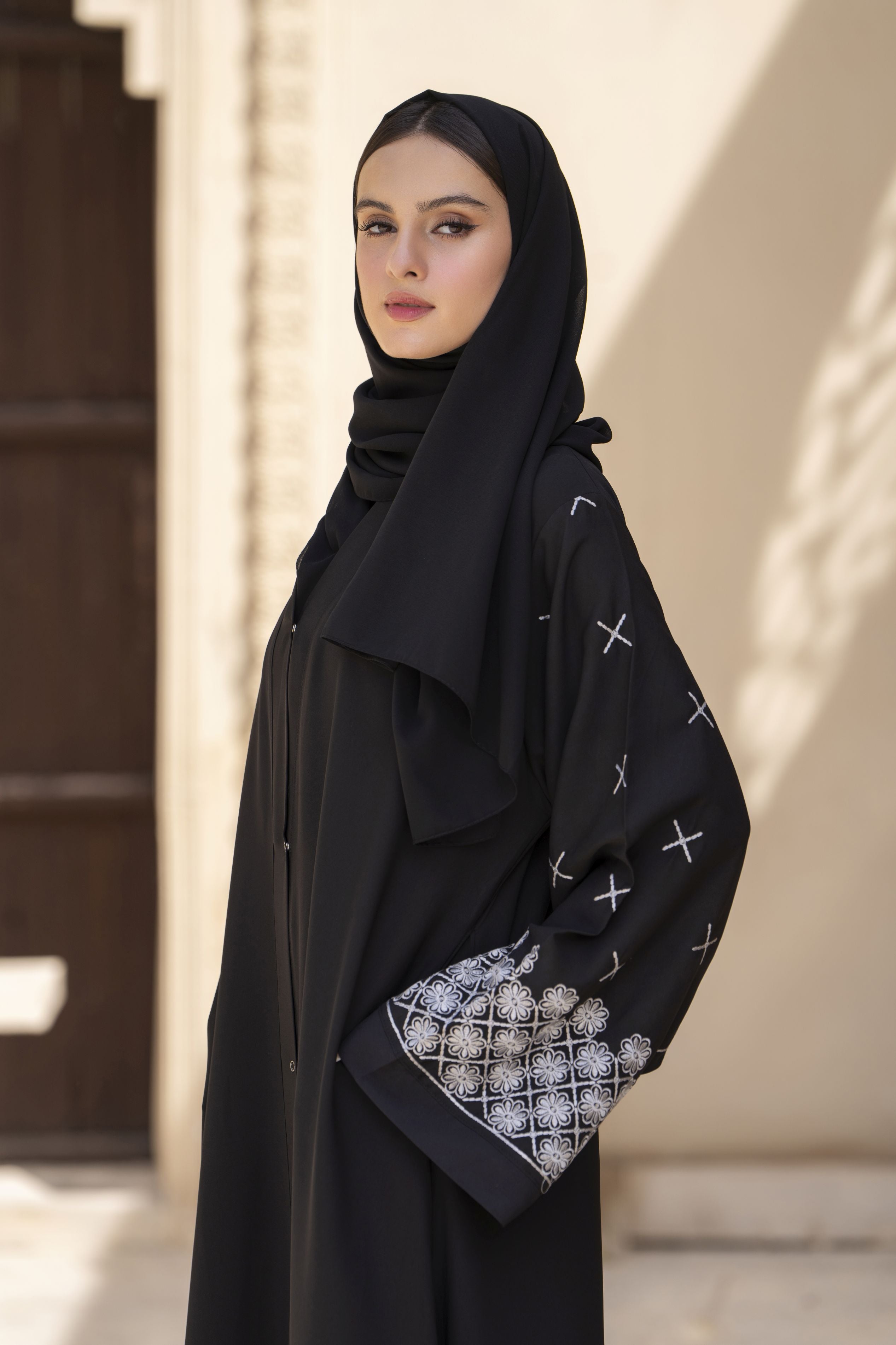 Zaina Veil of Grace – Black Abaya with White Embroidery ZVG3