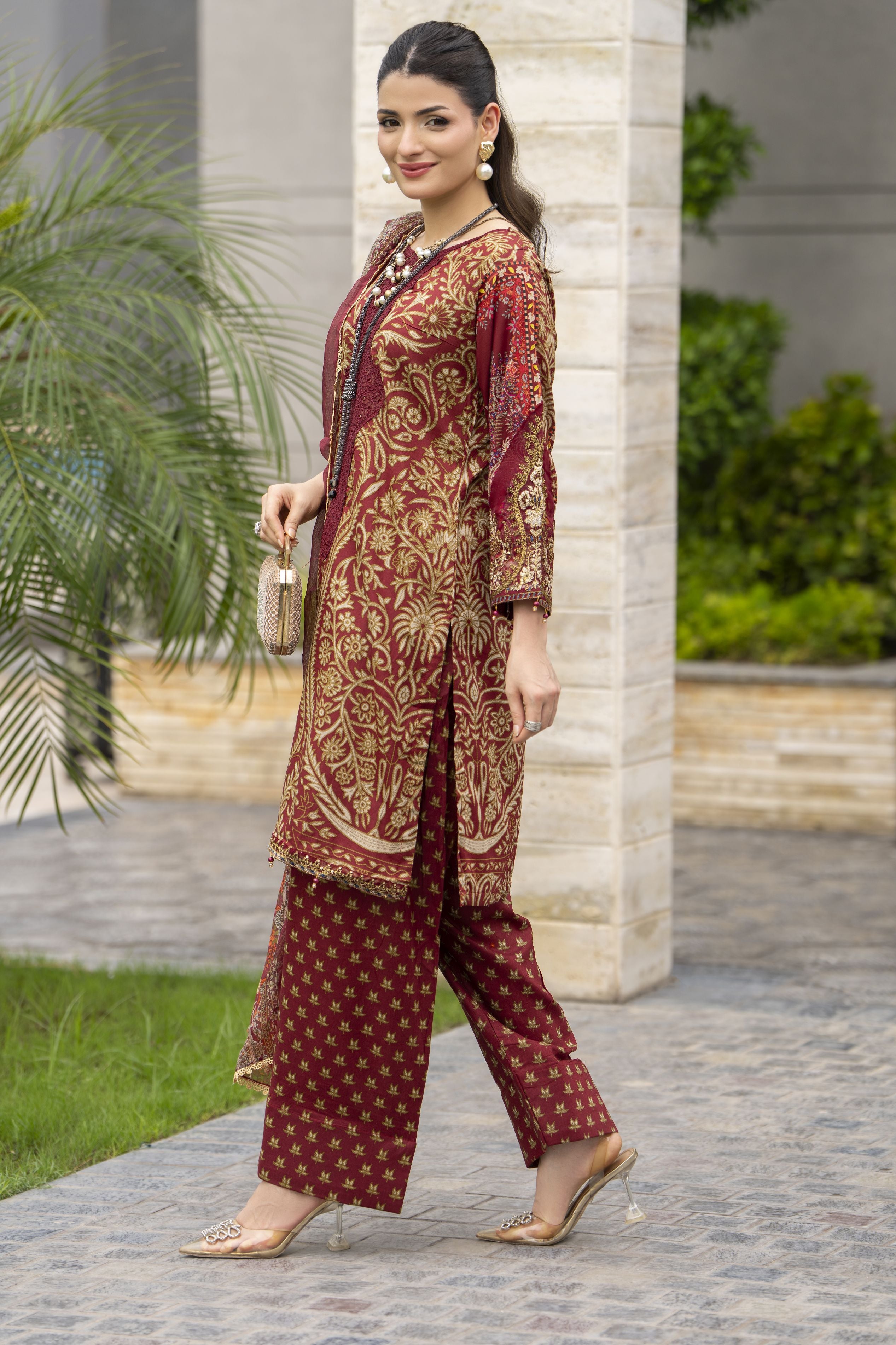 Sakeena Summer Ease – 3pc Maroon Lawn Dress with Chiffon Dupatta SSE2