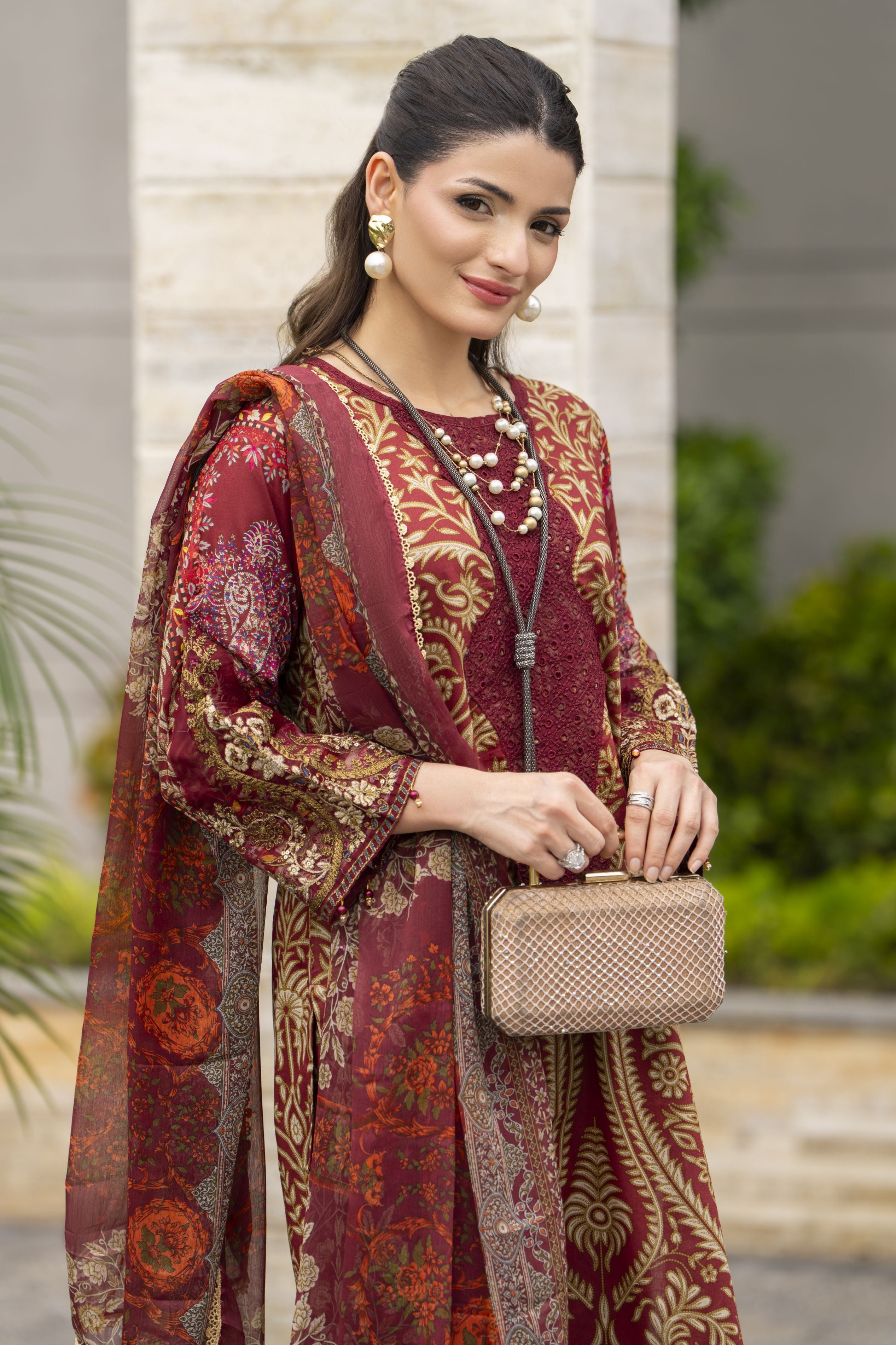 Sakeena Summer Ease – 3pc Maroon Lawn Dress with Chiffon Dupatta SSE2