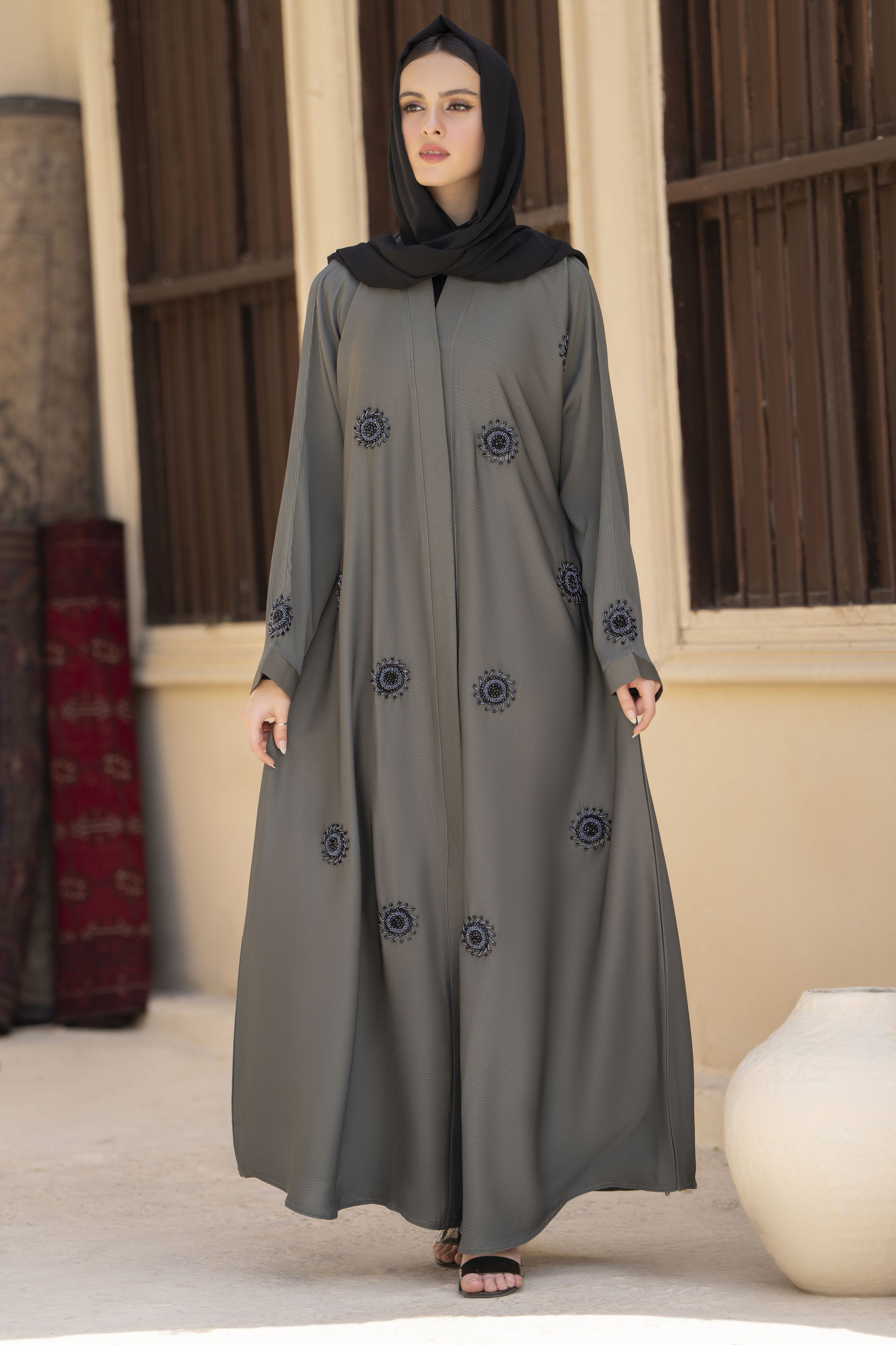 Zaina Veil of Grace – Hand Embellished Olive Grey Abaya ZVG9