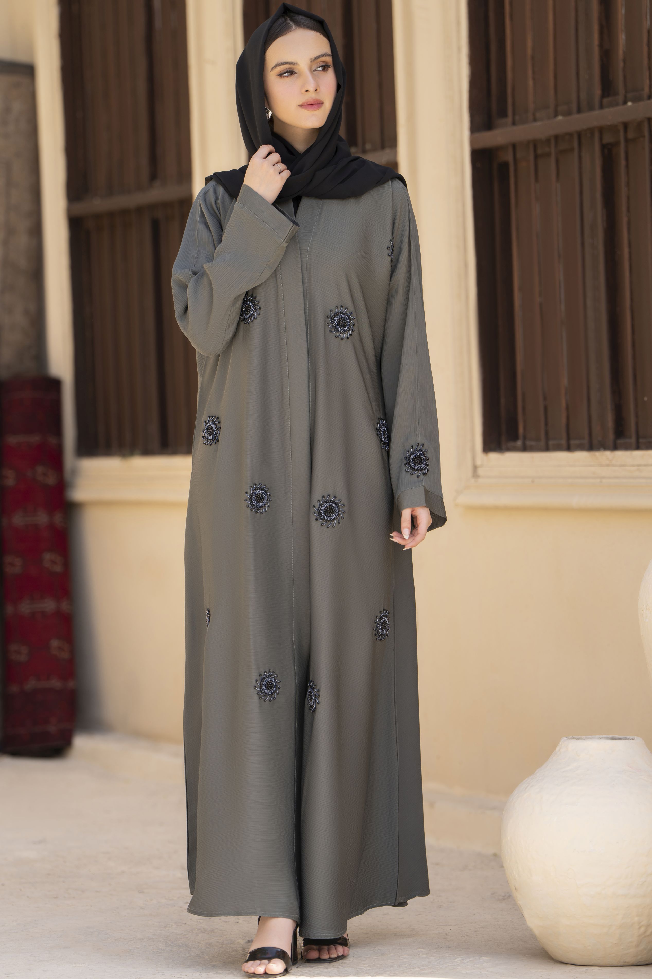 Zaina Veil of Grace – Hand Embellished Olive Grey Abaya ZVG9